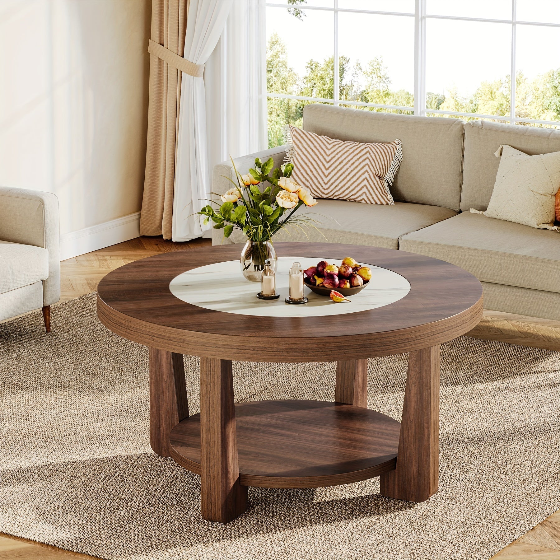 Vintage-Style 2-Tier Round Wood Coffee Table With Storage, Brown And White Accent Centerpiece For Living Room