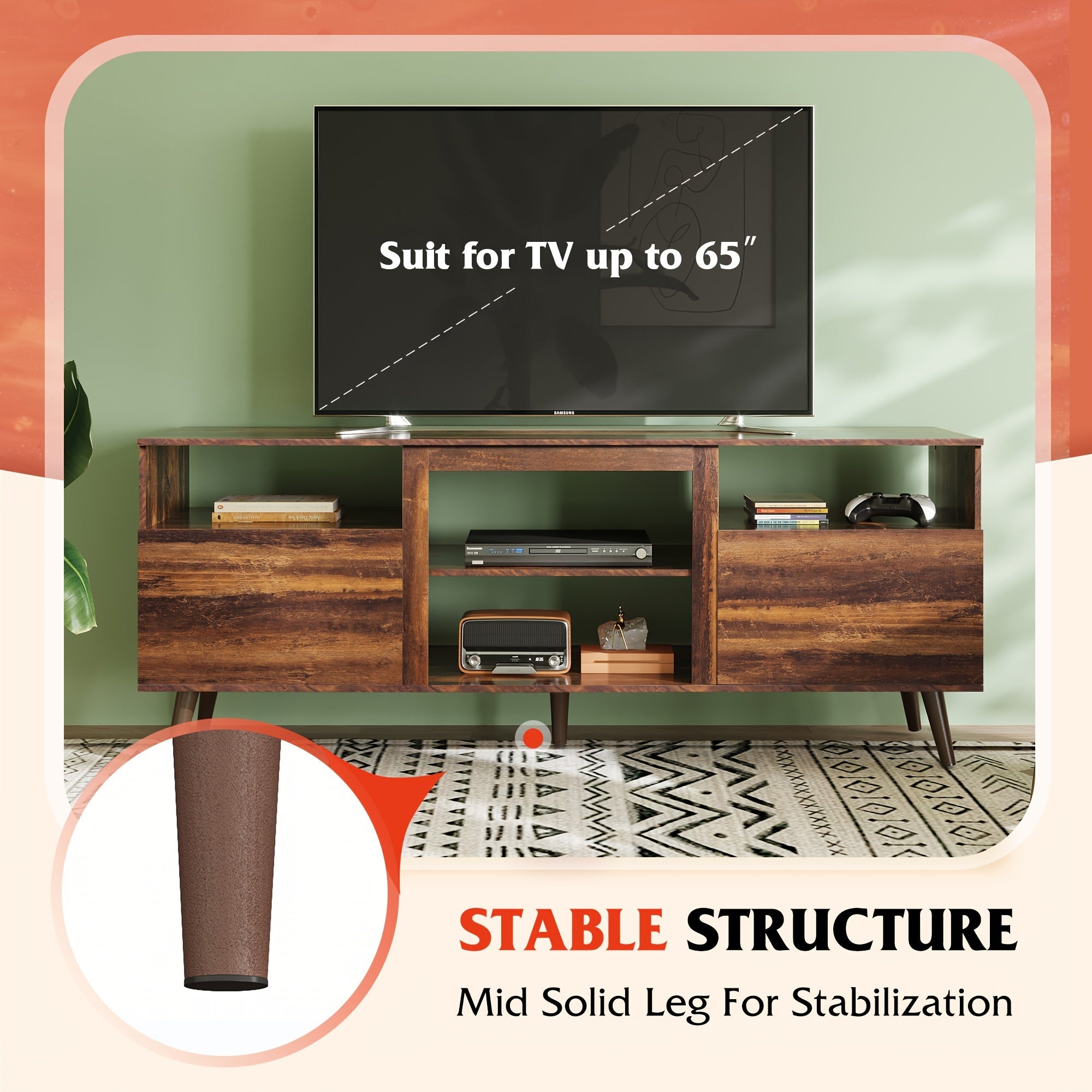 Mid-Century Modern TV Stand for 65" TV - Hardwood Console with Open Shelves, MDF & Particle Board Construction, Freestanding Entertainment Center for Living Room and Bedroom