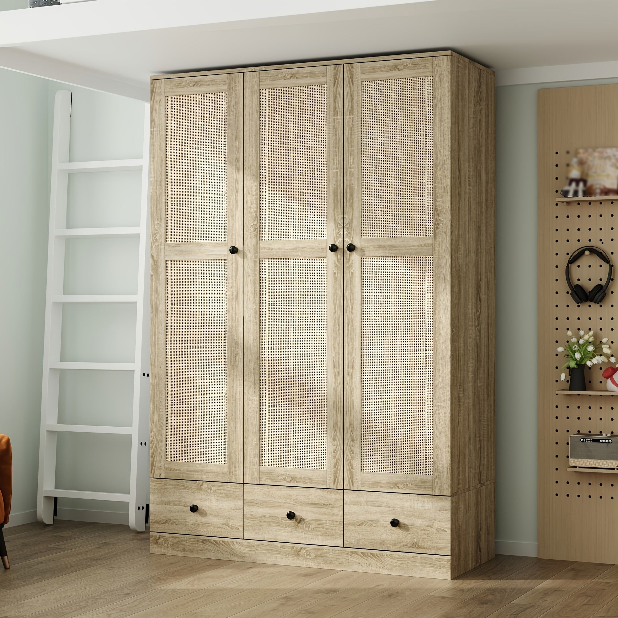 Modern Wardrobe Armoire Wooden Closet with 3 Drawers, Shelves And Hanging Rods, Storage Cabinet And Clothing Organizer for Bedroom