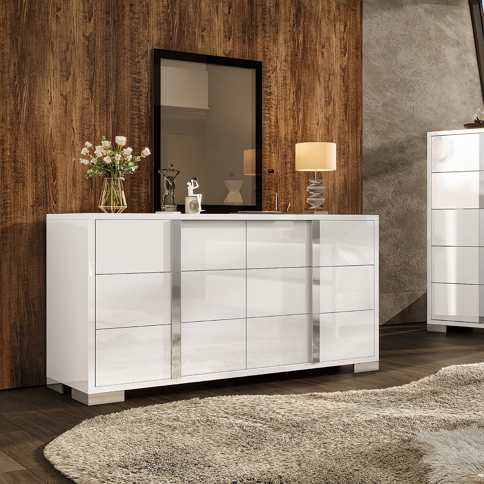 Sleek 138cm High-Gloss White Dresser with Silvery Handles - Spacious 6-Drawer Storage Chest for Bedroom Closet