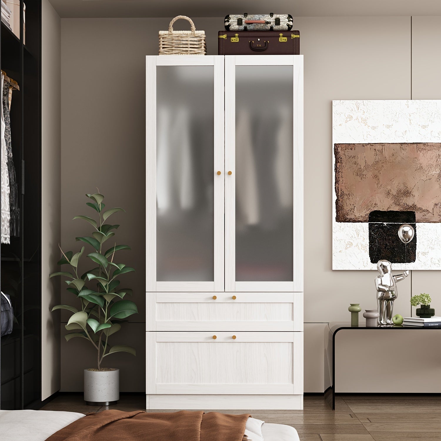 Wardrobe Armoire Closet With Frosted Glass Doors, Wardrobe Cabinet With Hanging Rod And Drawers, Clothes Wardrobe For Bedroom