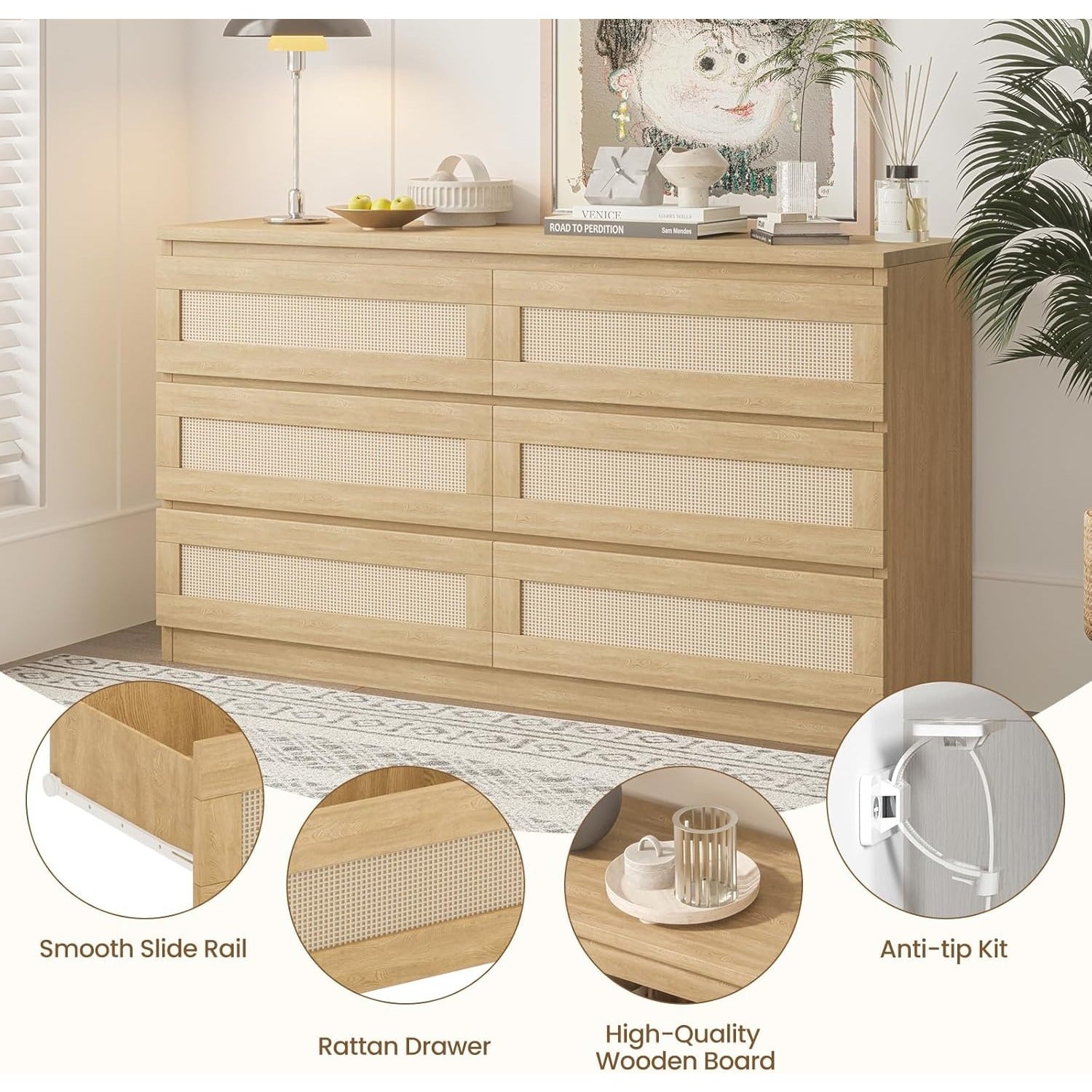 Rattan Dresser for Bedroom 6 Drawer Double Dresser for Bedroom with Smooth Mental Slide Modern Wood Chest of Drawers