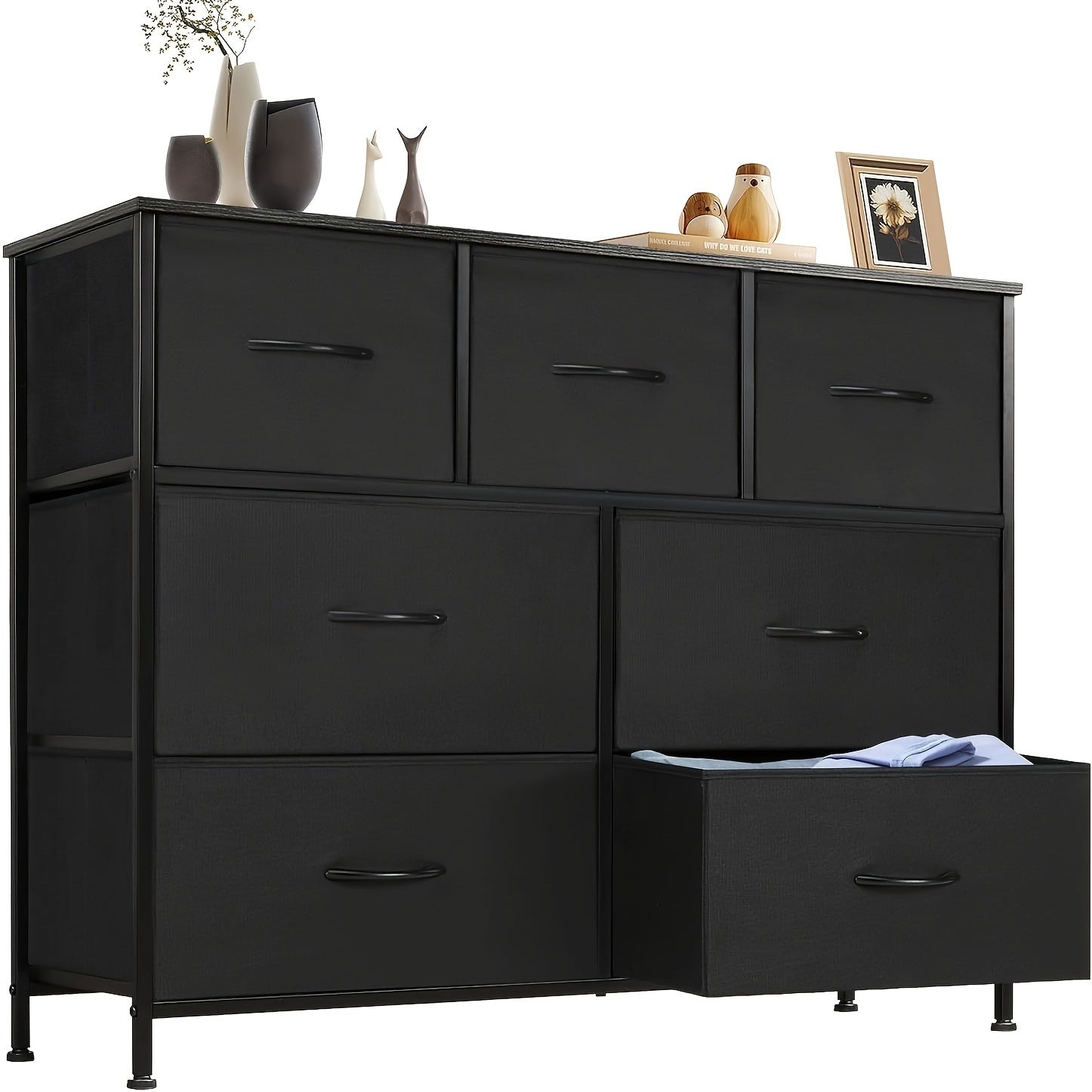 7 Drawer Fabric Storage Tower Dresser - Bedroom Storage Solution With 45 Inch Screen Wooden TV Stand - Black - Dresser