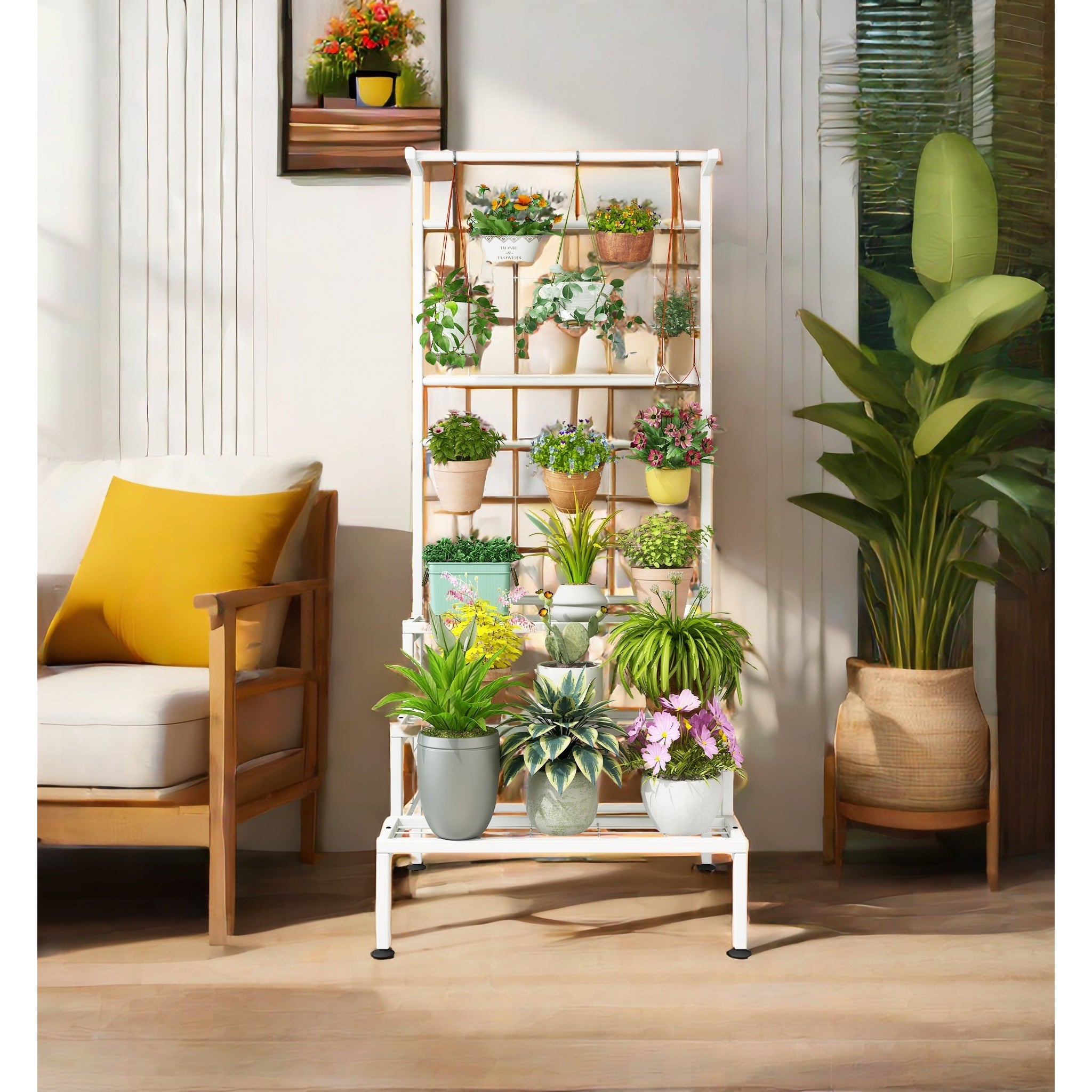 Plant Stand 3-Tier Hanging Shelves Flower Pot Organizer Multiple Flower Display Holder Indoor Outdoor Heavy Duty Potted Planter Rack Unit with Grid Panel, size 23.62 x 21.25 x 62.14 inches