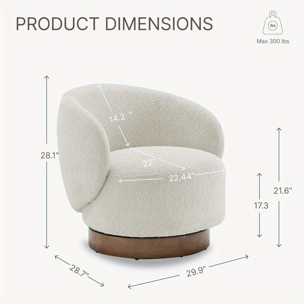 1pc Cream Swivel Accent Chair, Round Barrel Armchair with Upholstered Performance Fabric, Solid Back, Hardwood Material, Non-Adjustable Recline, Wipe Clean Care, for Living Room Bedroom Waiting Room