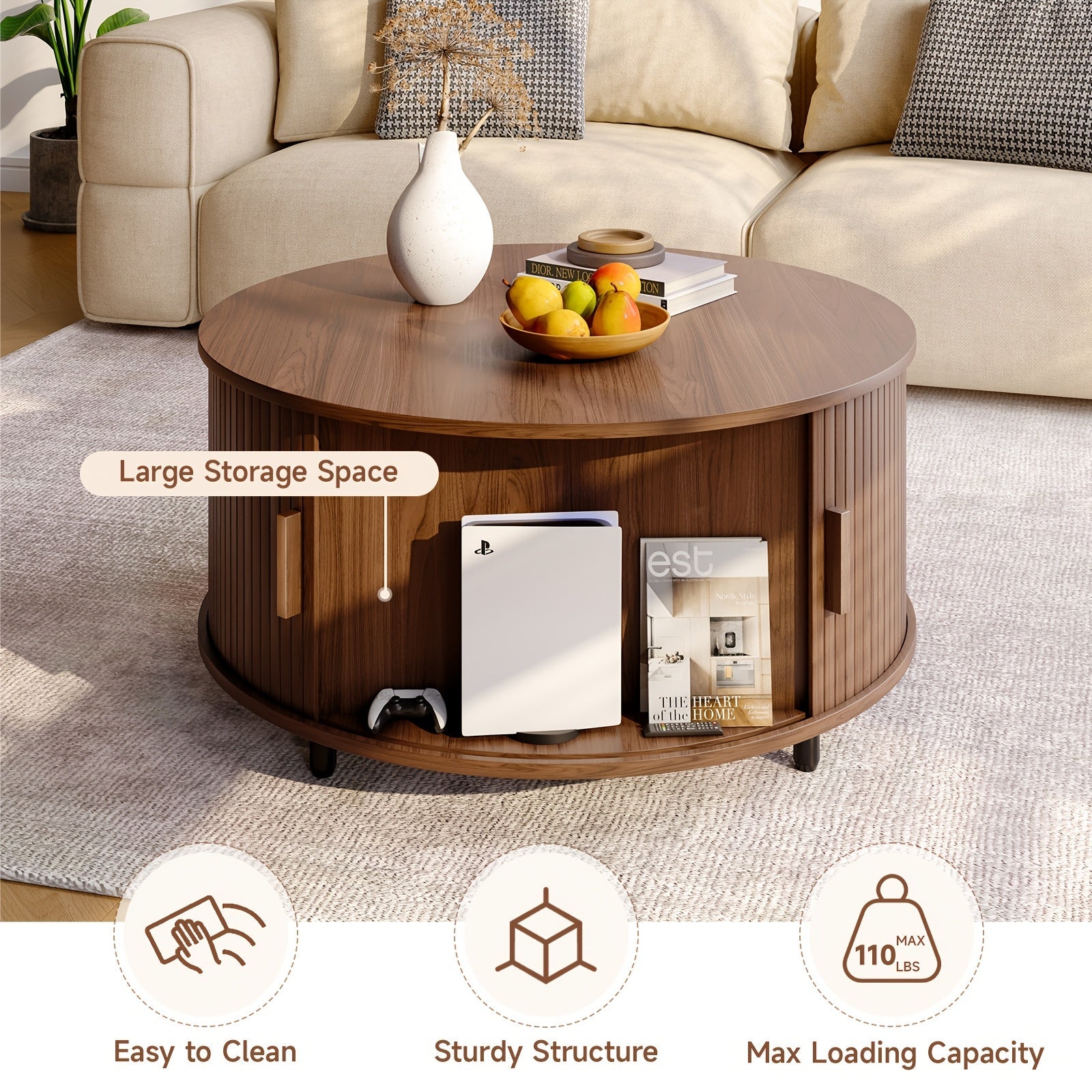 1pc 31.5" Modern Round Coffee Table, Grooved Hardwood with Sliding Door, Space-Saving Engineered Wood Pedestal, Adjustable Feet, Stable & Easy to Clean, Walnut Finish, Living Room Furniture