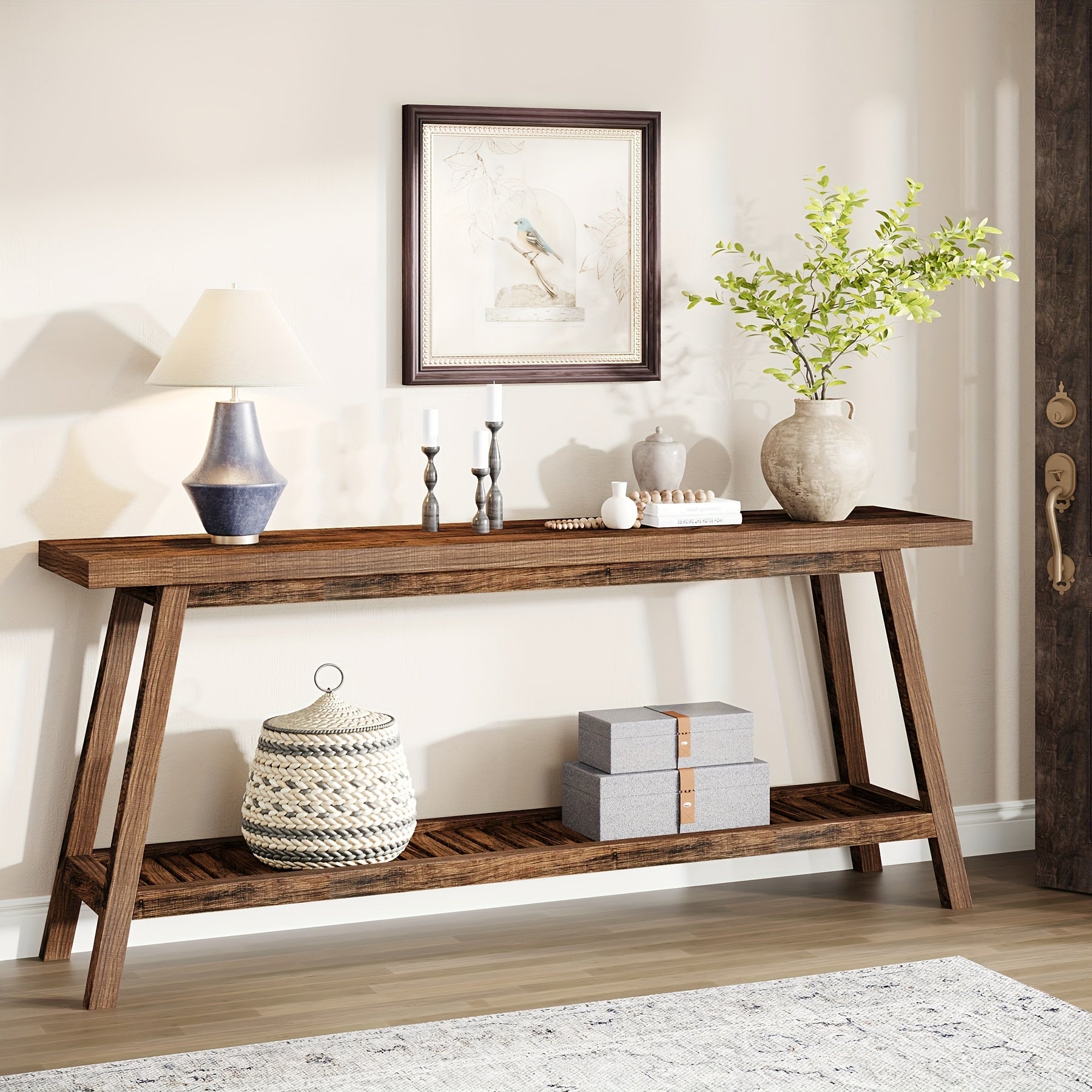 Chic Rustic Brown Farmhouse Console Table - 70.9" Long, 2-Tier Narrow Design with Ample Storage, Durable Engineered Wood Construction, Perfect for Entryway, Hallway, Living Room, or Bedroom Decor, Living Room Decor|Elegant Co