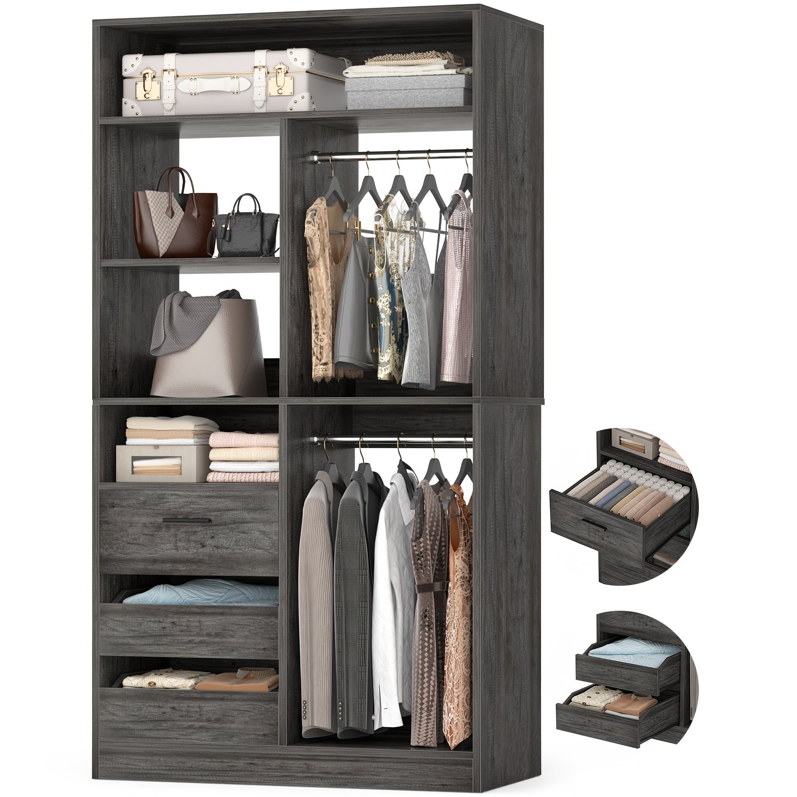 Standalone Wardrobe System with Suitcase Storage Space 36 Inch Standalone Wardrobe with 3 Wooden Drawers 80 Inch Height