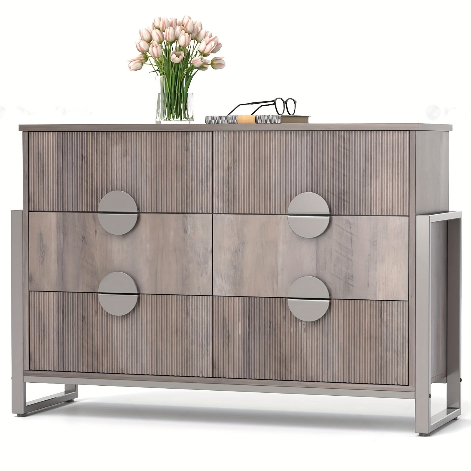 Dresser For Bedroom Wide Chest Of Drawers With Metal Frame Storage Organizer Unit With Fluted Panel 6 Drawer Dresser