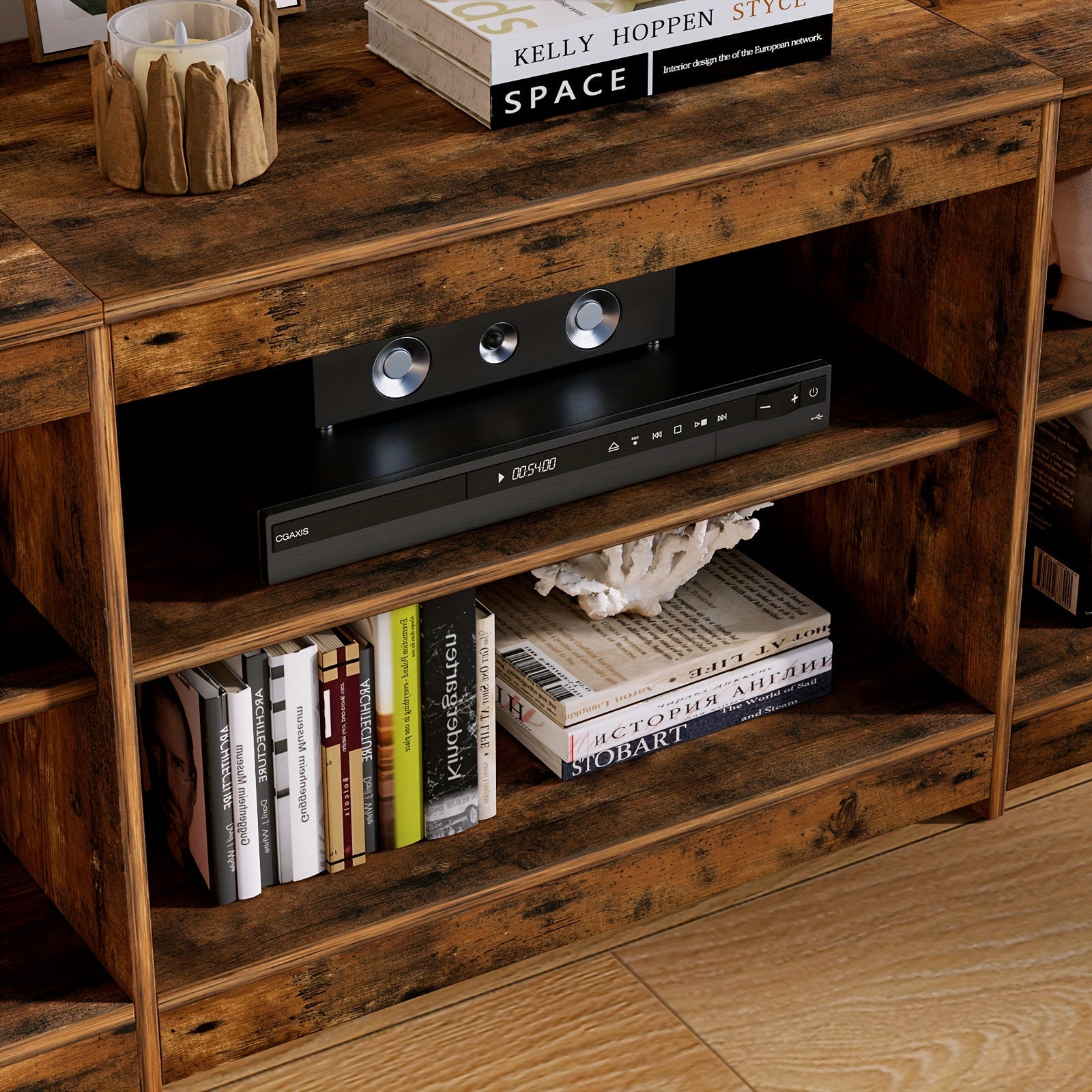 200cm Rustic TV Stand With Outlet & 6 Open Shelves - Rustic Brown - TV Stand Westberry Furniture