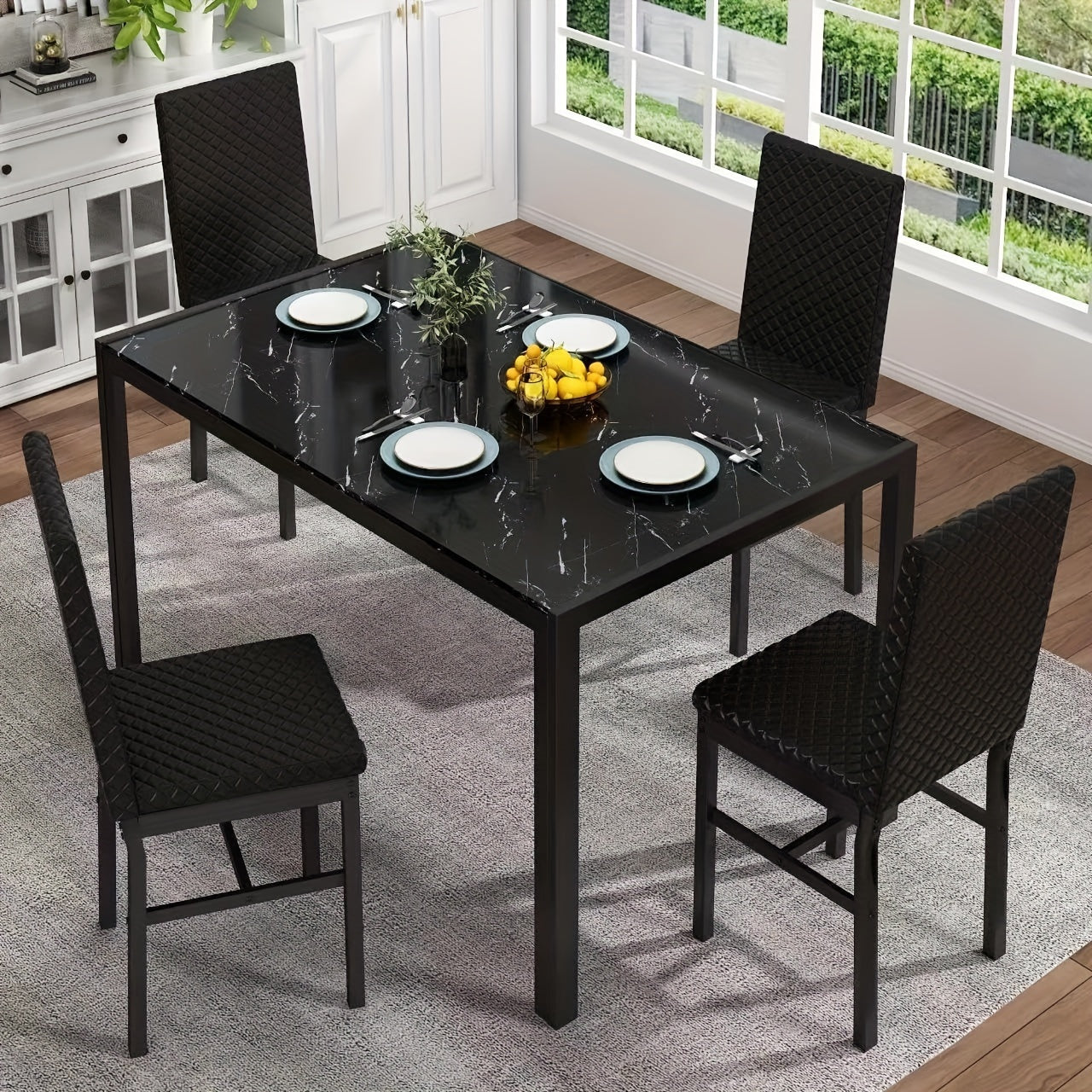 Modern Luxurious Style 5pcss Dining Room Table Set, 5pcs Dining Table Bar Table Set With Tempered Glass Tabletop, Metal Frame And Faux Leather Upholstered Dining Chairs, 4-Person Breakfast Nook Dining Table Set Other(Furnitur