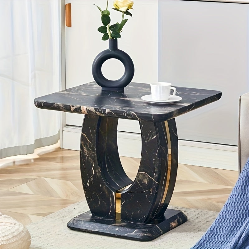 Modern Faux Marble Pattern Side Table with Golden Accents 23.6’’ Square Top Adjustable Foot Pads And Sturdy Base