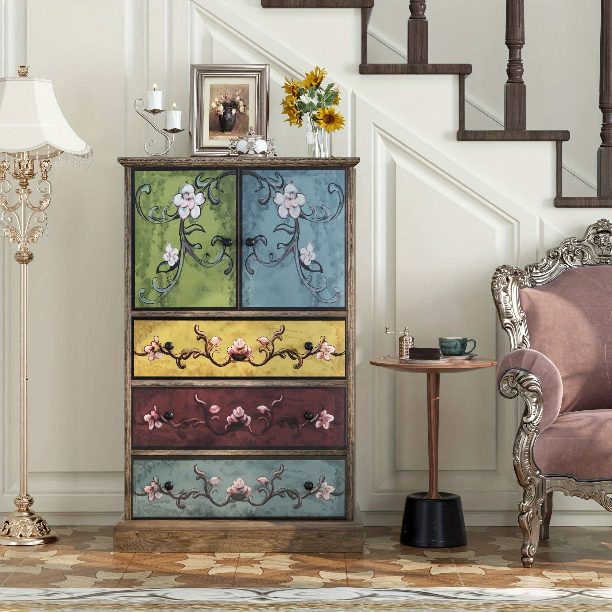 Boho Dresser, Tall Dresser with Drawers and Doors, Wood Dresser Accent Dresser for Living Room Home Office