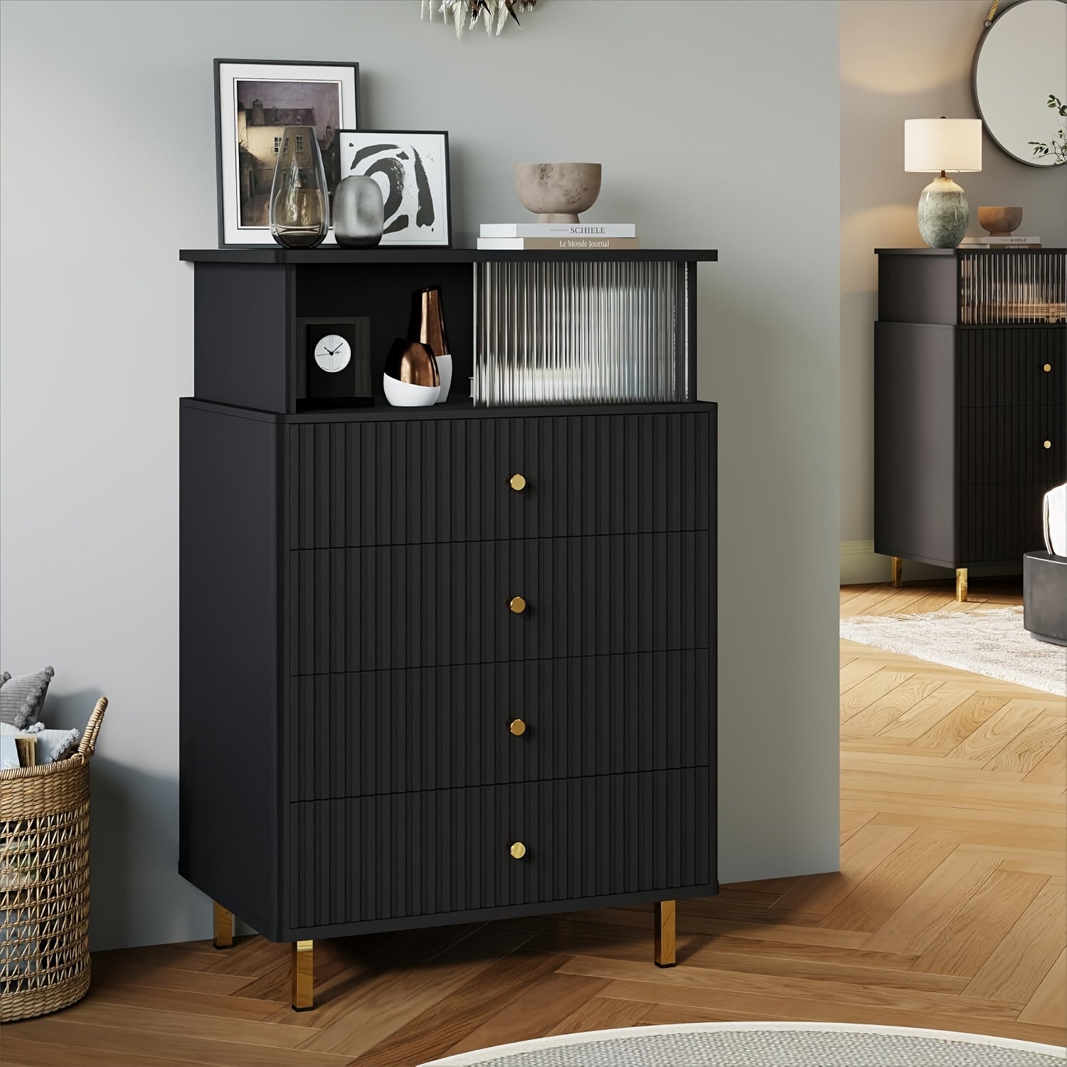 Modern White & Golden 4-Drawer Dresser with LED Lighting - Large Capacity Acrylic Accents for Bedroom Living Room
