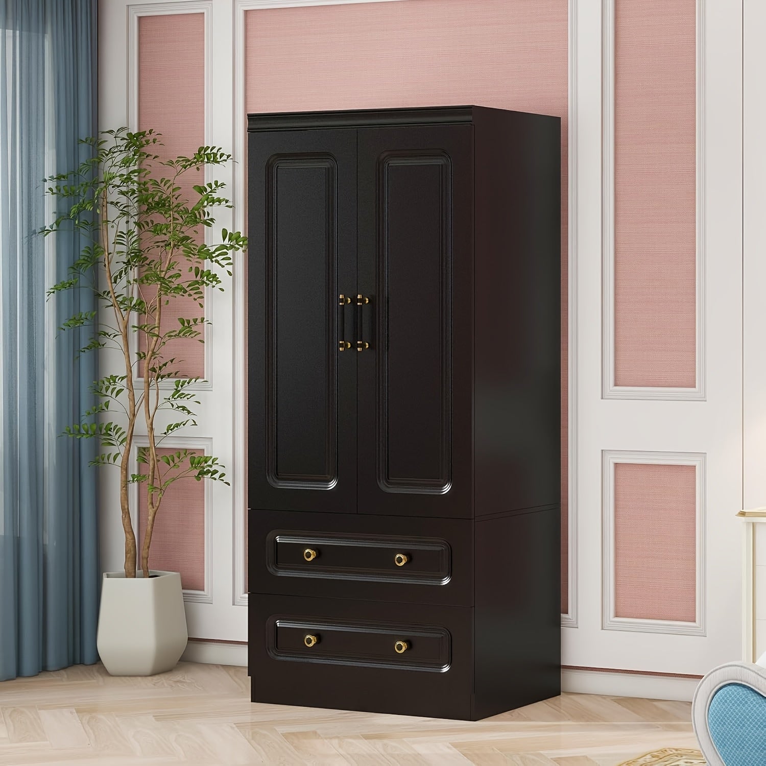 Wooden Armoire Wardrobe Closet With 2 Doors, 2 Drawers, Hanging Rod, And Shelves Large Capacity Modern Clothes Storage Wardrobe Cabinet For Bedroom Armoire, Black