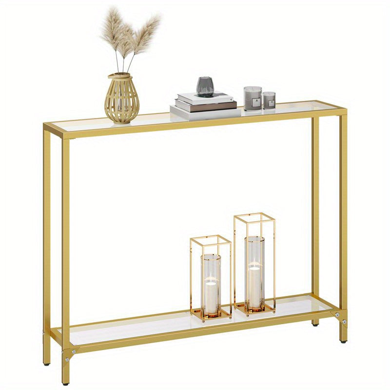 1pc Rustic Golden Metal Frame Console Table with Tempered Glass Top, Multifunctional Sofa Table for Living Room, Hallway - No Electricity Needed, Modern Narrow Couch Table