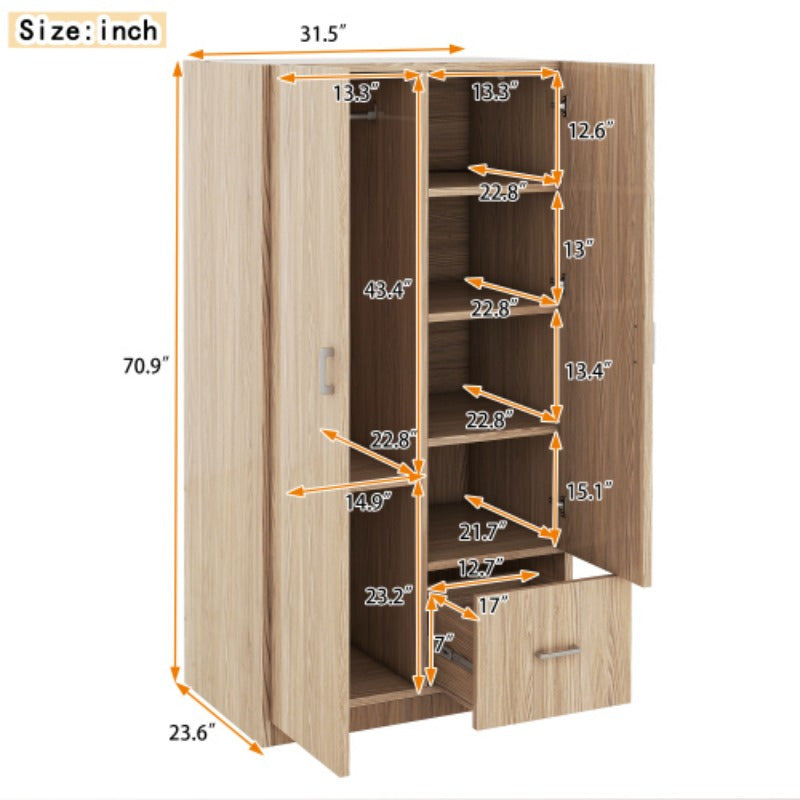 Double-Door Wardrobe with Hanging Rod 5 Fixed Shelves And 1 Storage Drawer for Ample Storage in Natural Finish