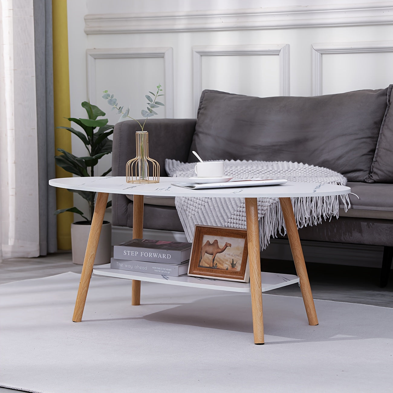 Modern Coffee Table Oval White Marble Effect, 2 Tier Cocktail Table Sofa Table with Storage Wood Legs