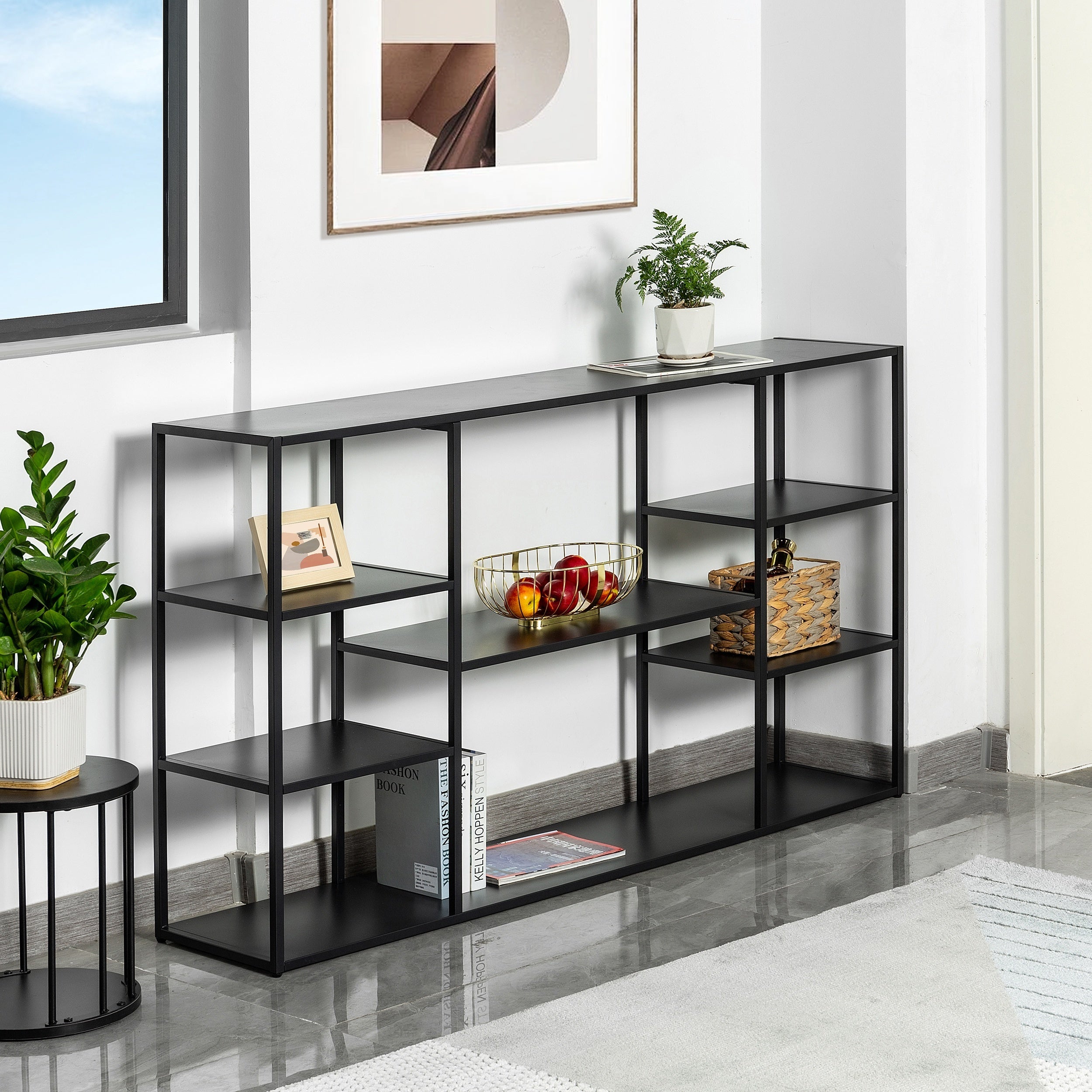 55 Inch Metal Console Table with 8 Storage Shelves, Extra Long Entryway Table, Narrow Sofa Table, Hallway Table for Entrances to Corridor, Foyer, Living Room (55.12×11.81×31.5in)