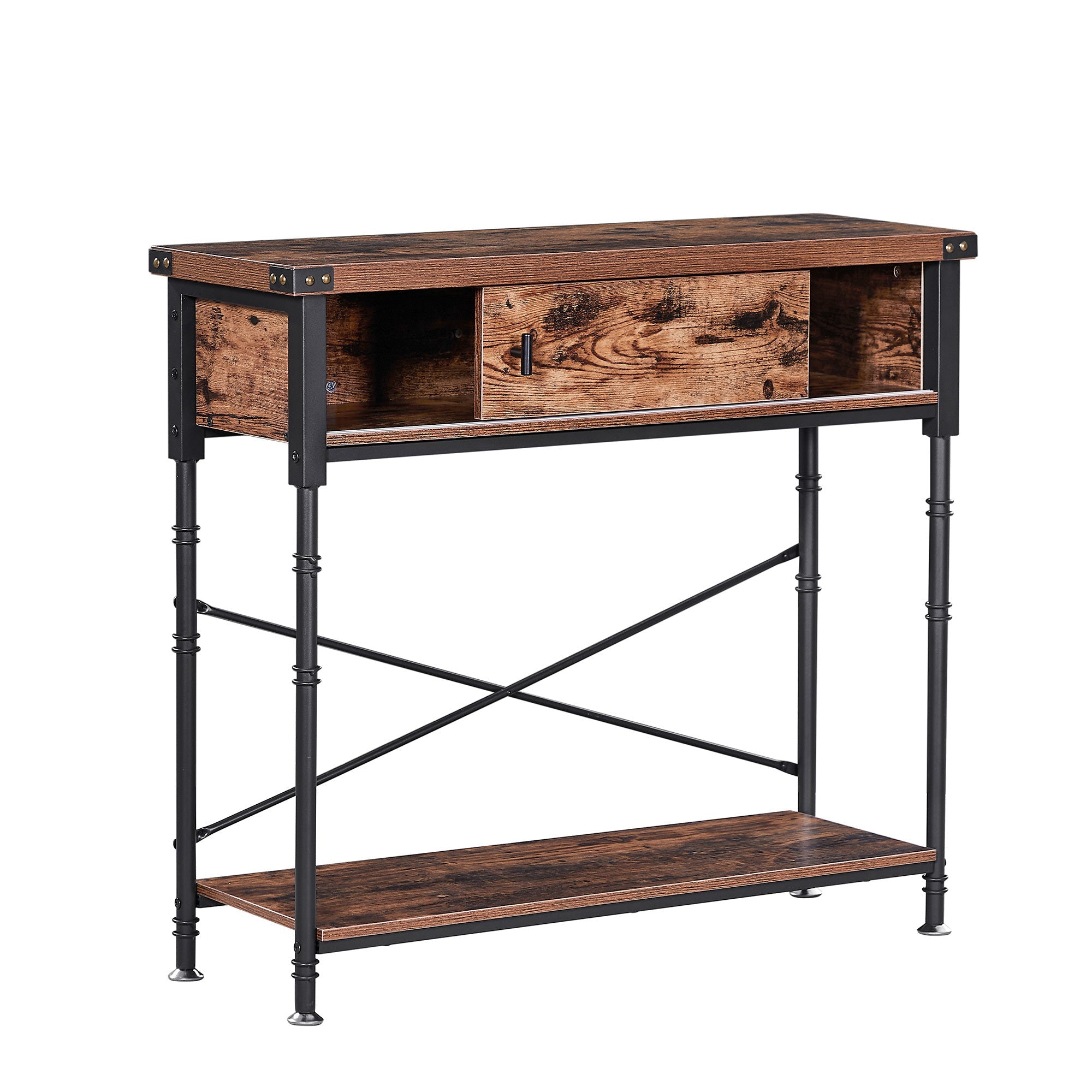 35.4 Inch Console Table with Slide Drawer and Storage Shelf, Stable Metal Frame, Brown