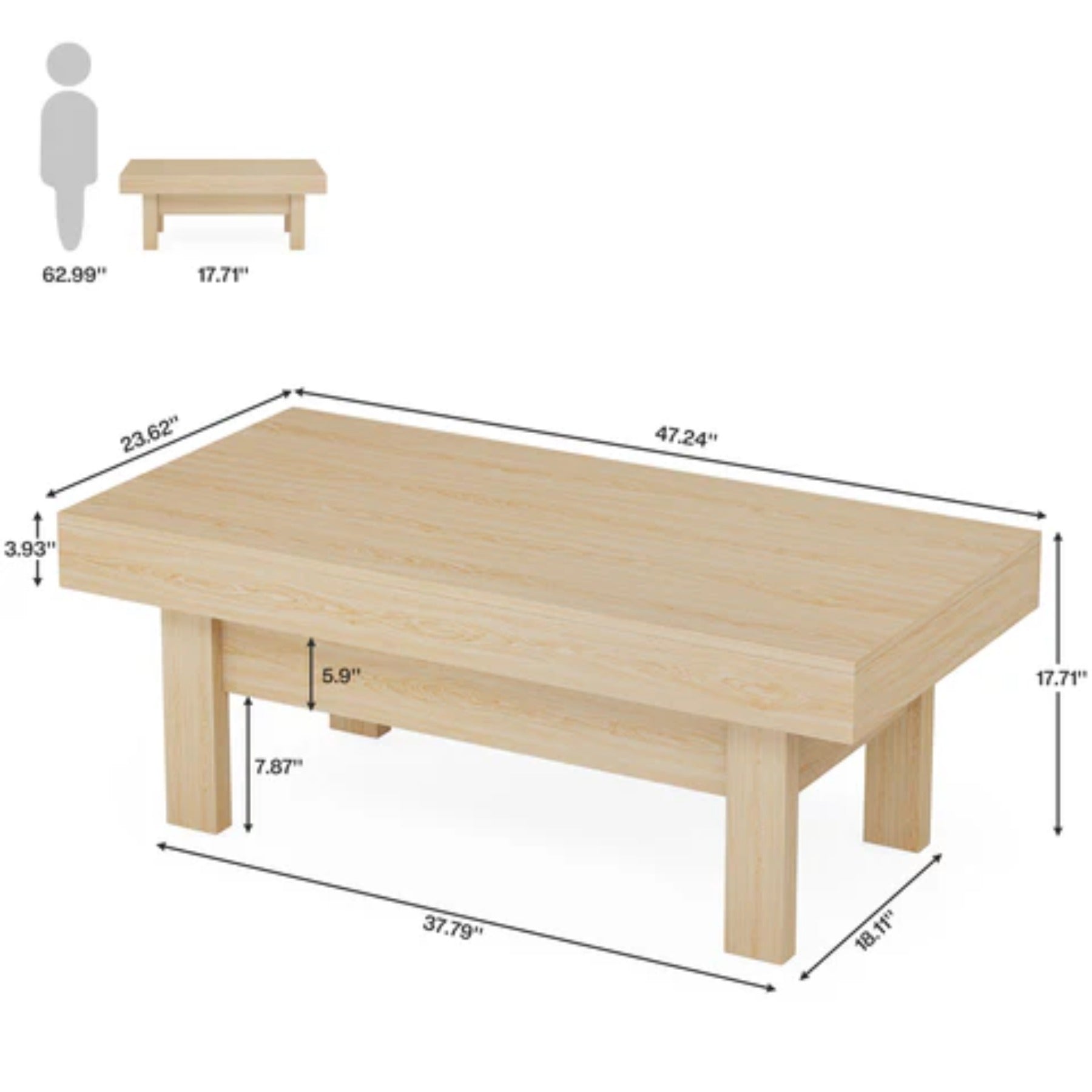 47 Inch coffee table, farmhouse center table cocktail tea table, it comes with four footrests and can support up to 300 pounds