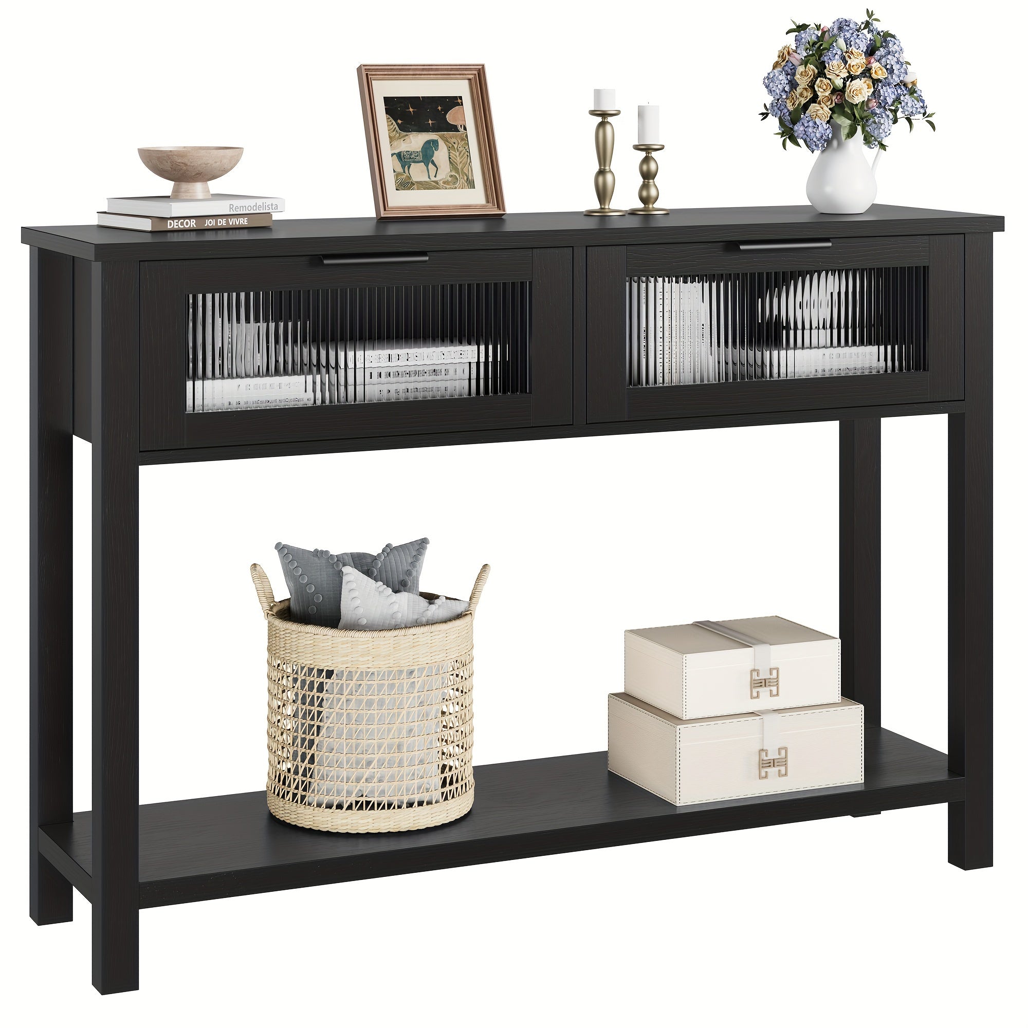 Entryway Table Wood Console Table with 2 Glass Drawers 2 Tier Sofa Table with Storage for Living Room Foyer Tables