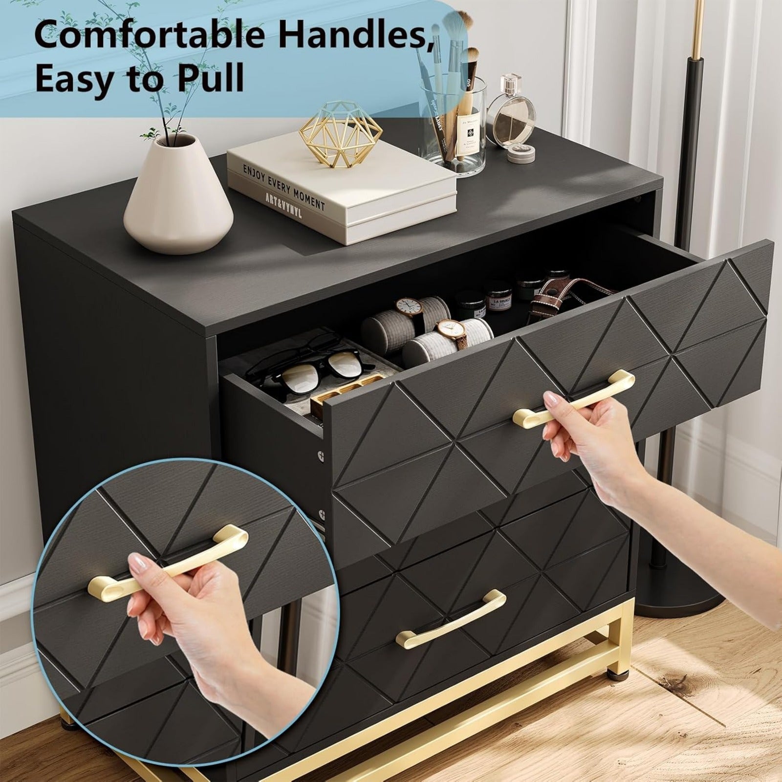 3 Drawer Dresser Chest Drawers with Storage for Closet Bedroom Drawers Dresser Modern Bedside Nightstand with Gold