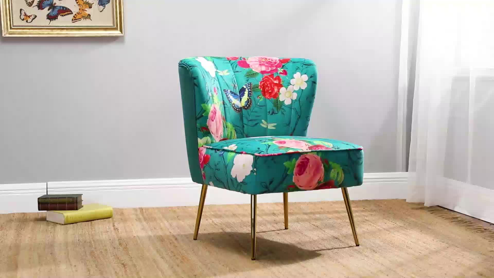 Accent Chair with Golden Metal Legs, Comfy Tufted Wingback Living Room Chair Floral Fabric Small Armless Side Chair, Upholstered Slipper Chair for Bedroom, Reading Room (Flower Print)