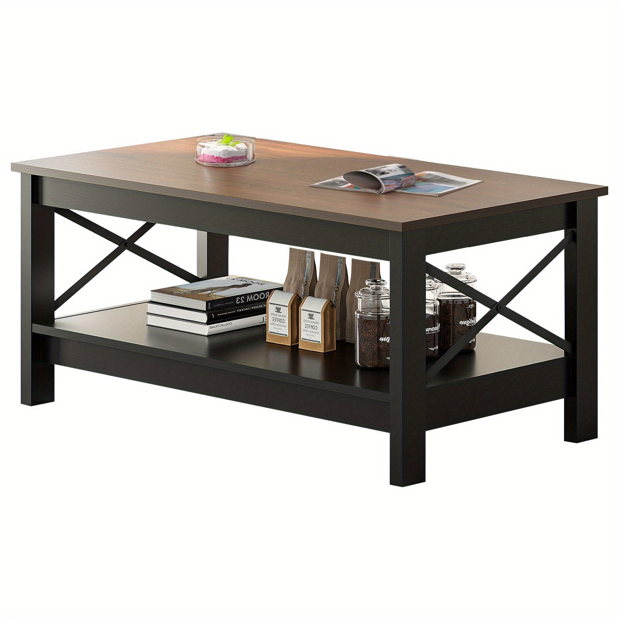 Rectangular Wood Coffee Table with Dual- Tier Open Storage, Optimized for Robotic Cleaning