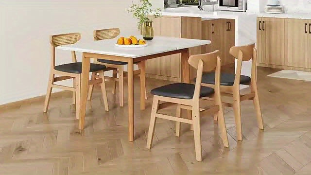 Table And Chair Set, 4 Or 6 Chairs And A Foldable Table, White Sintered Stone Tabletop, Rubberwood Legs, Foldable Computer Desk, Foldable Desk. Solid Wood Dining Chair With Small Curved Backrest And PU Cushions.