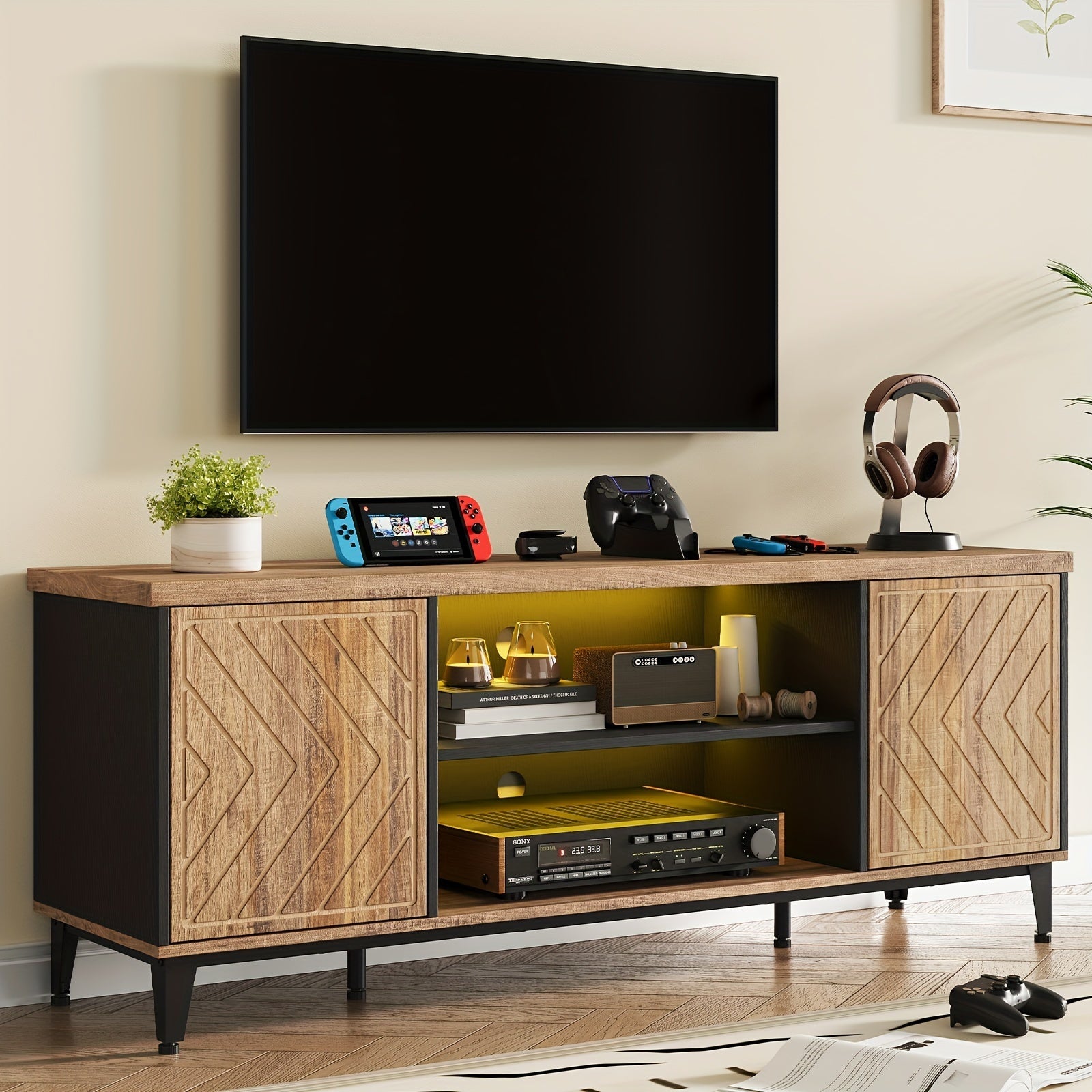 Mid-Century Modern TV Stand for 65" TV - Sleek Wooden Console with Storage, Freestanding Design, Under 27" Tall