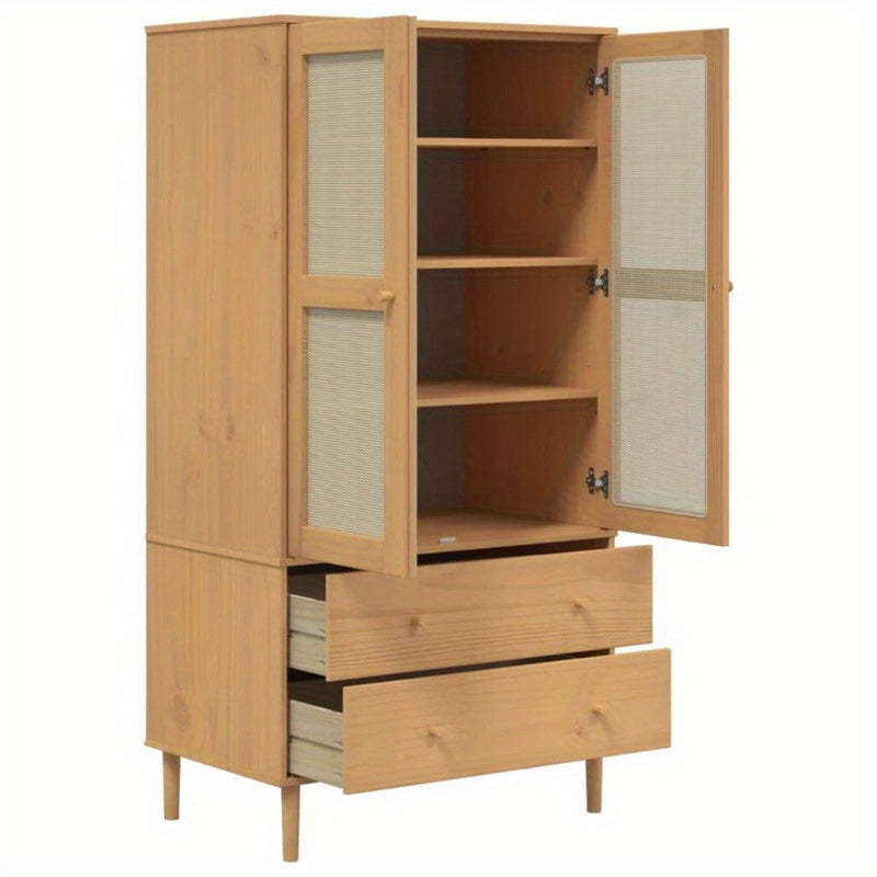 Wardrobe Rattan Look Brown 35.4"x21.7"x68.9" Solid Wood Pine, provides ample storage space, door surface is handcrafted cane