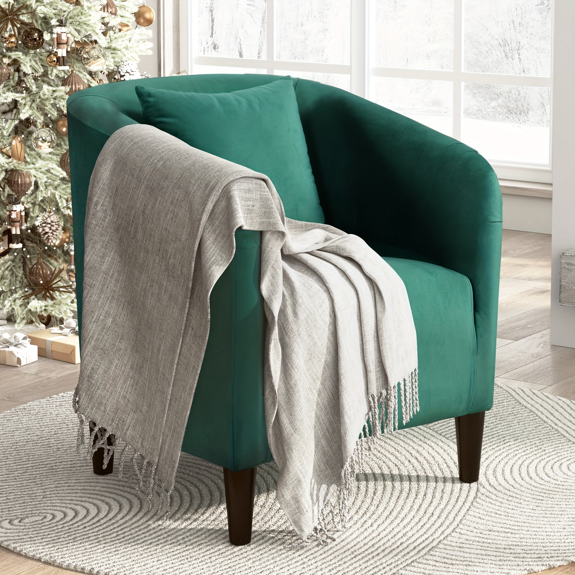 Green Velvet Barrel Chair with Pillow - Comfy Armchair with Wood Legs, Ideal for Living Room and Bedroom, Accent Chair