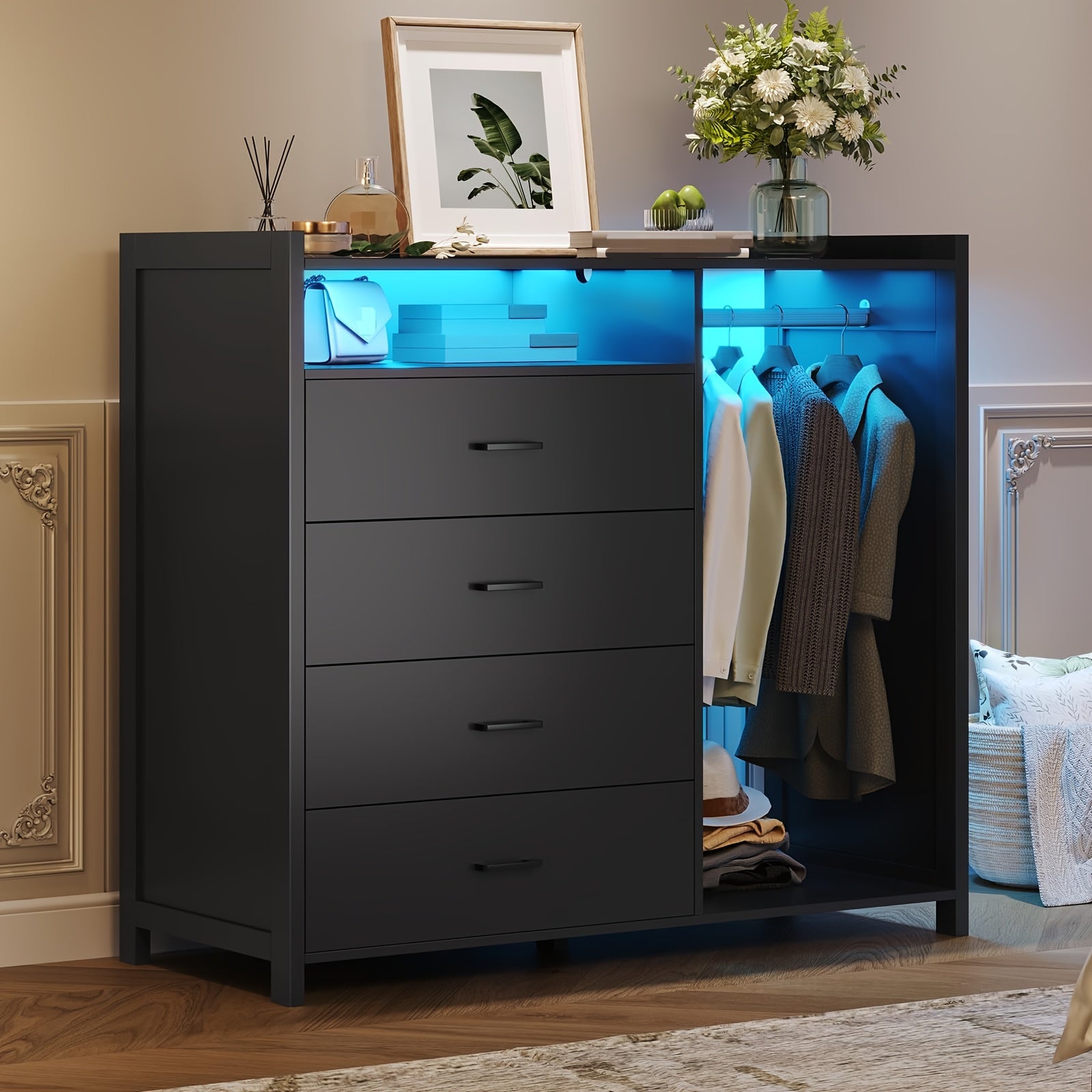 Modern White 4-Drawer Dresser with LED Lights - Versatile Storage Chest for Bedroom, Includes Clothes Rail & Open Shelf