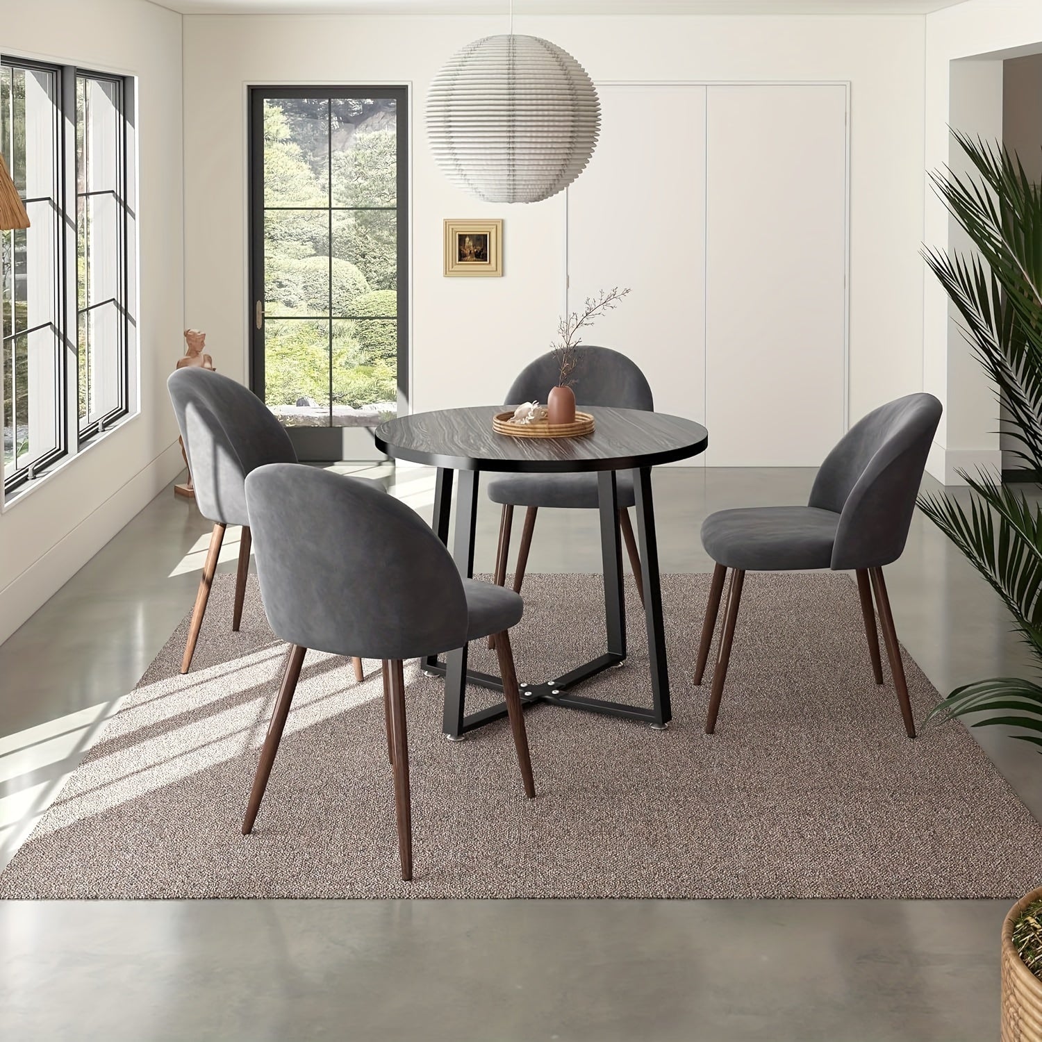 5-Pieces Modern 35'' Inch Brown Round Wooden Dining Table Set For 4 Comfortable Velvet Chairs, Space Saving Kitchen Furniture, Small Apartment Coffee Table Set