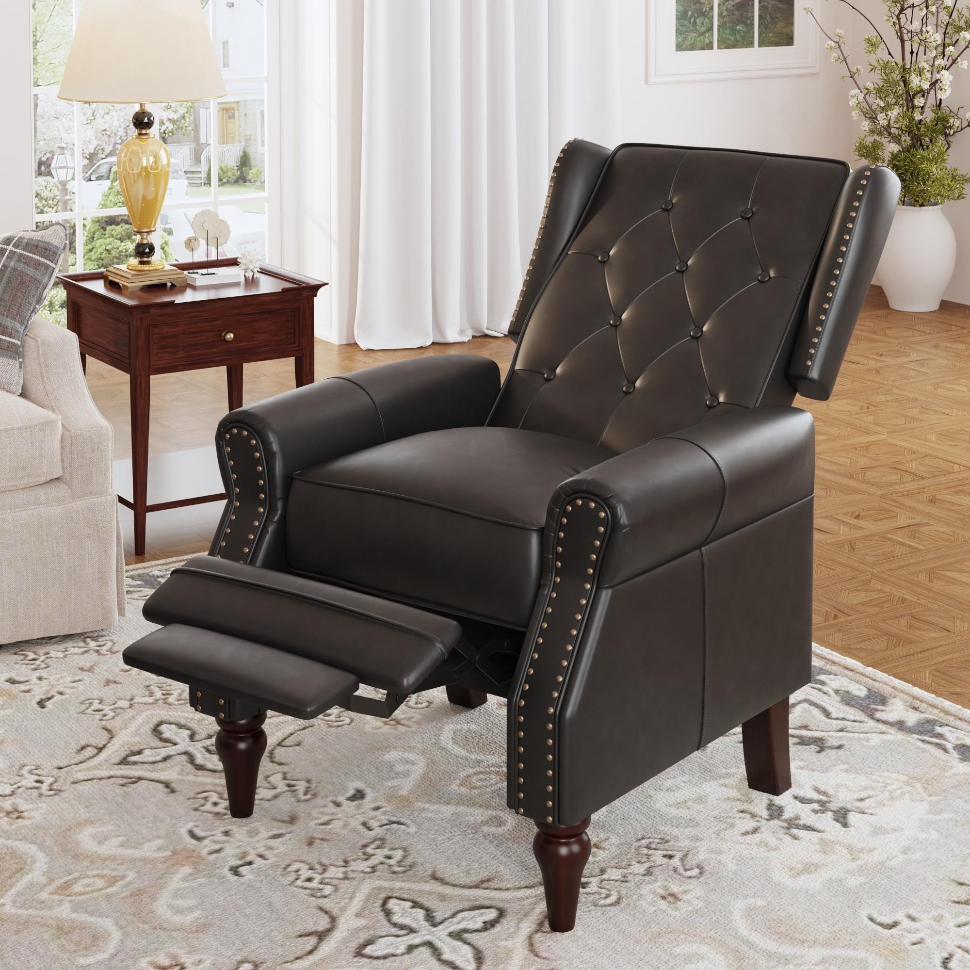 Faux Leather Recliner, Single Sofa Chair with Riveted Inlay and Tufted Buttons, Adjustable Back Armchair, Lazy Club Chair with Wooden Legs, Black