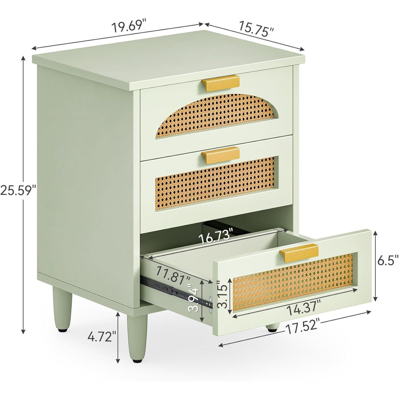 Mint Green Rattan Nightstand with 3 Drawers - Modern Wooden End Table for Living Room and Bedroom Hardwood Storage