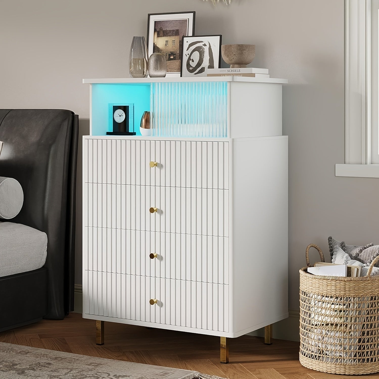 Modern White & Golden 4-Drawer Dresser with LED Lighting - Large Capacity Acrylic Accents for Bedroom Living Room