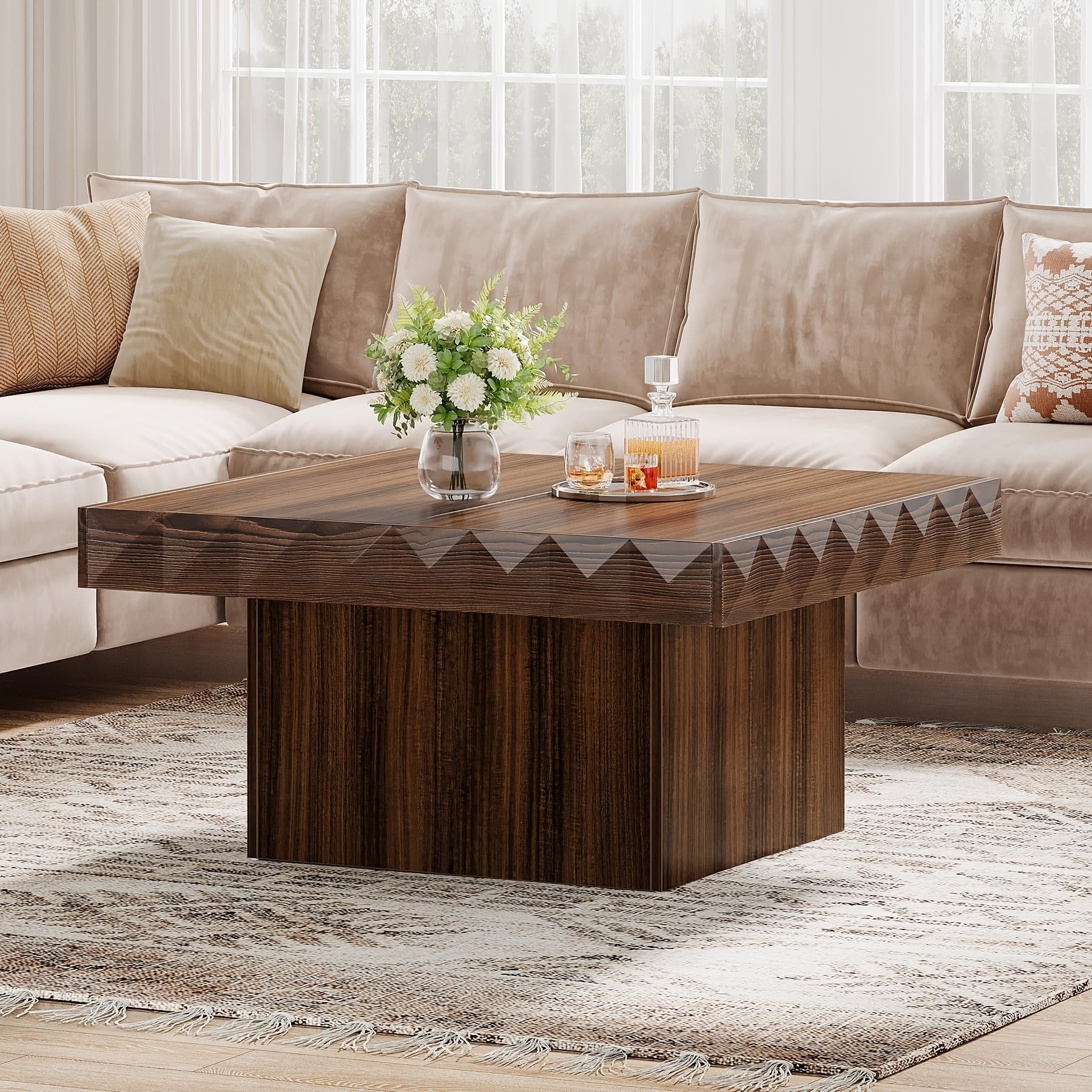 Square LED Coffee Table, Engineered Wood, Low Profile, Rustic Brown & Black, Living Room Furniture, Christmas Renewal