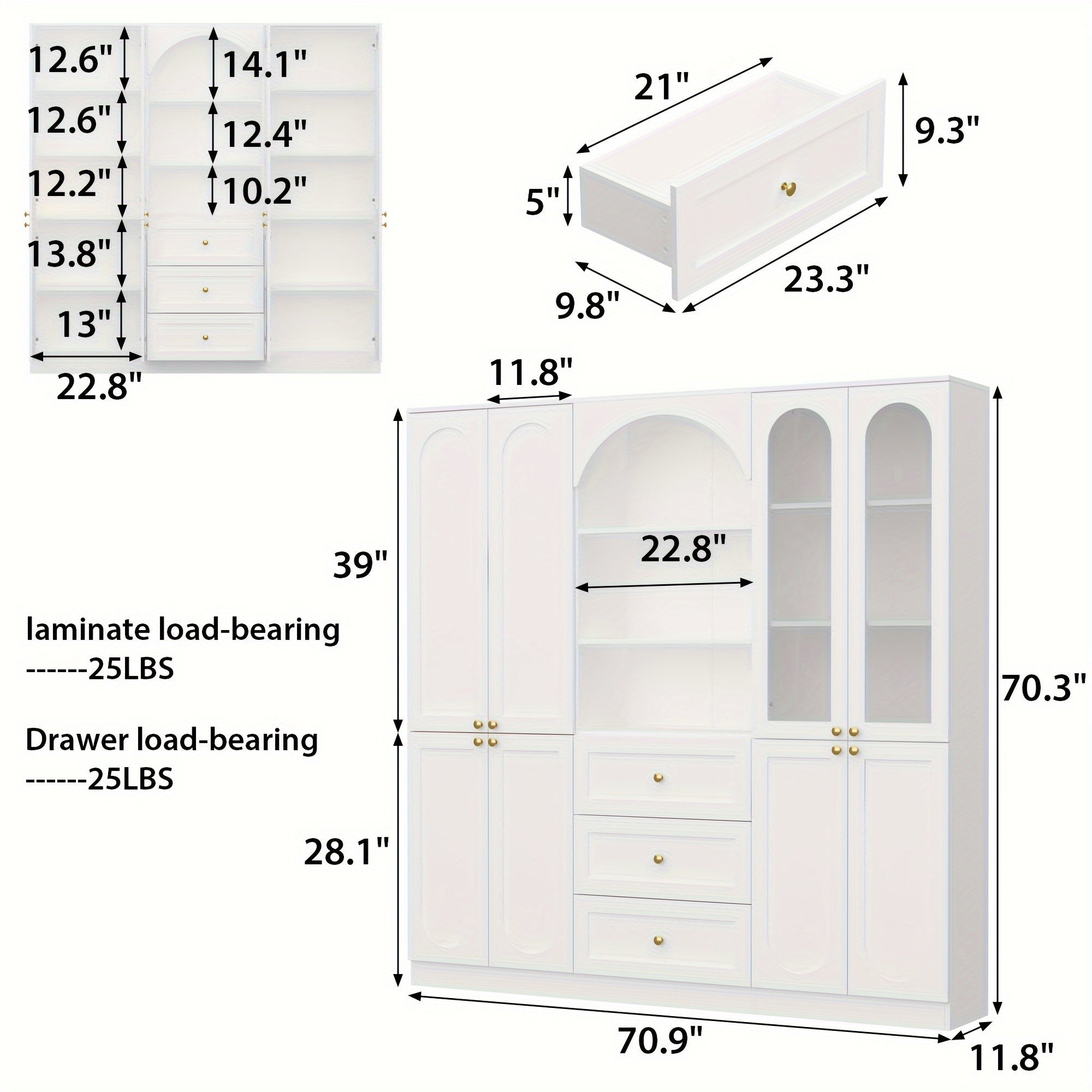 Large Wardrobe Armoire Wooden Closet With 3 Drawers & Open Shelves, Storage Cabinet With Glass Doors & Arch Pattern, Large Storage Space, Stylish And Modern Design, White