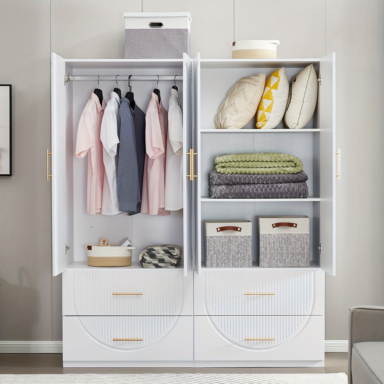 Wardrobe Closet With Doors- 4 Door Wood Wardrobe Bedroom Closet With Clothing Rod Inside Cabinet, 4 Drawers For Storage, Bedroom Armoire Wardrobe Closet, 63" L X 20.4" W X 74.2" H