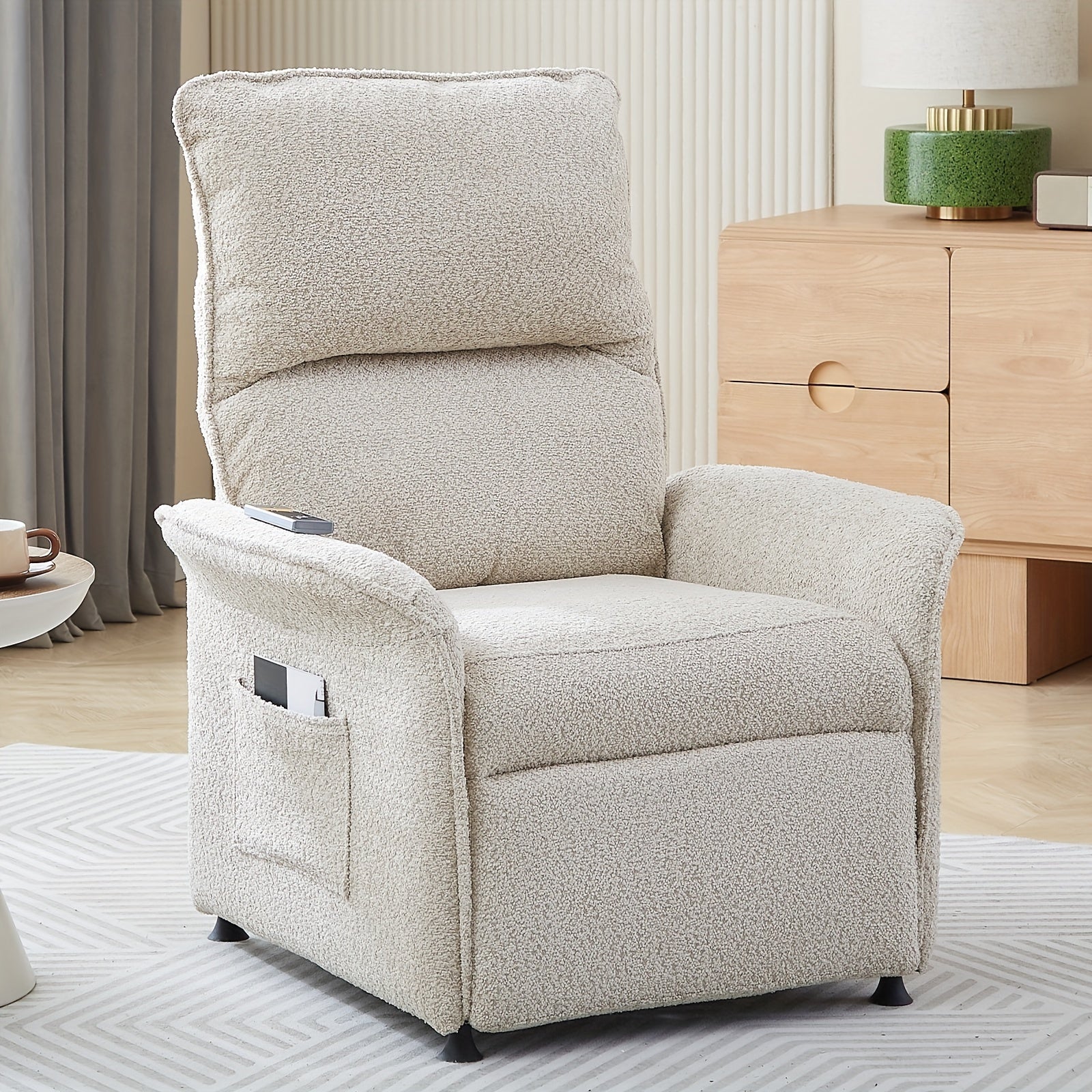 Power Recliner Chair For Living Room, Mid-Century Modern Single Reclining Chair, Sheep Lamb Fabric Lounge Armchair, Reading Chair With Remote Control For Adults