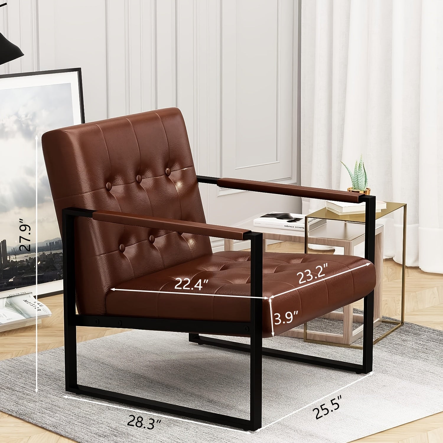 Faux Leather Upholstered Living Room Chair, Mid-Century Modern Style Accent Chair with Tufted Backrest and Seat, Metal Framed Armchair with High Density Sponge Padded and PU Leather Upholstered Armrest for Home Office Bedroom