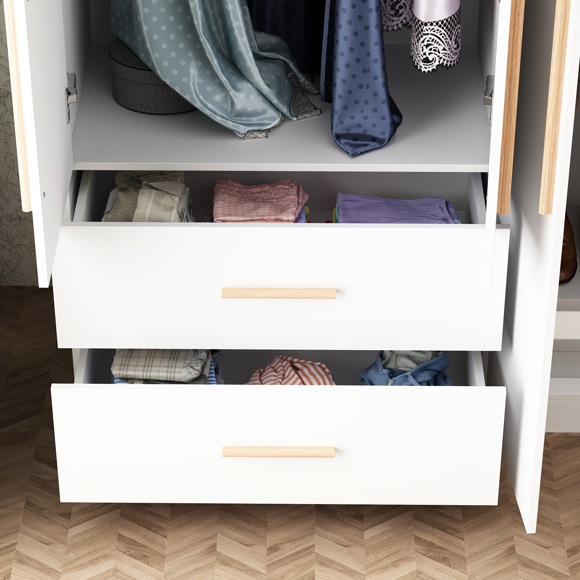 White Wooden Wardrobe with 4 Doors, 2 Drawers & 6 Storage Bins - Spacious Closet Organizer for Bedroom, Modern Design, Durable Engineered Wood Construction, No Assembly Required