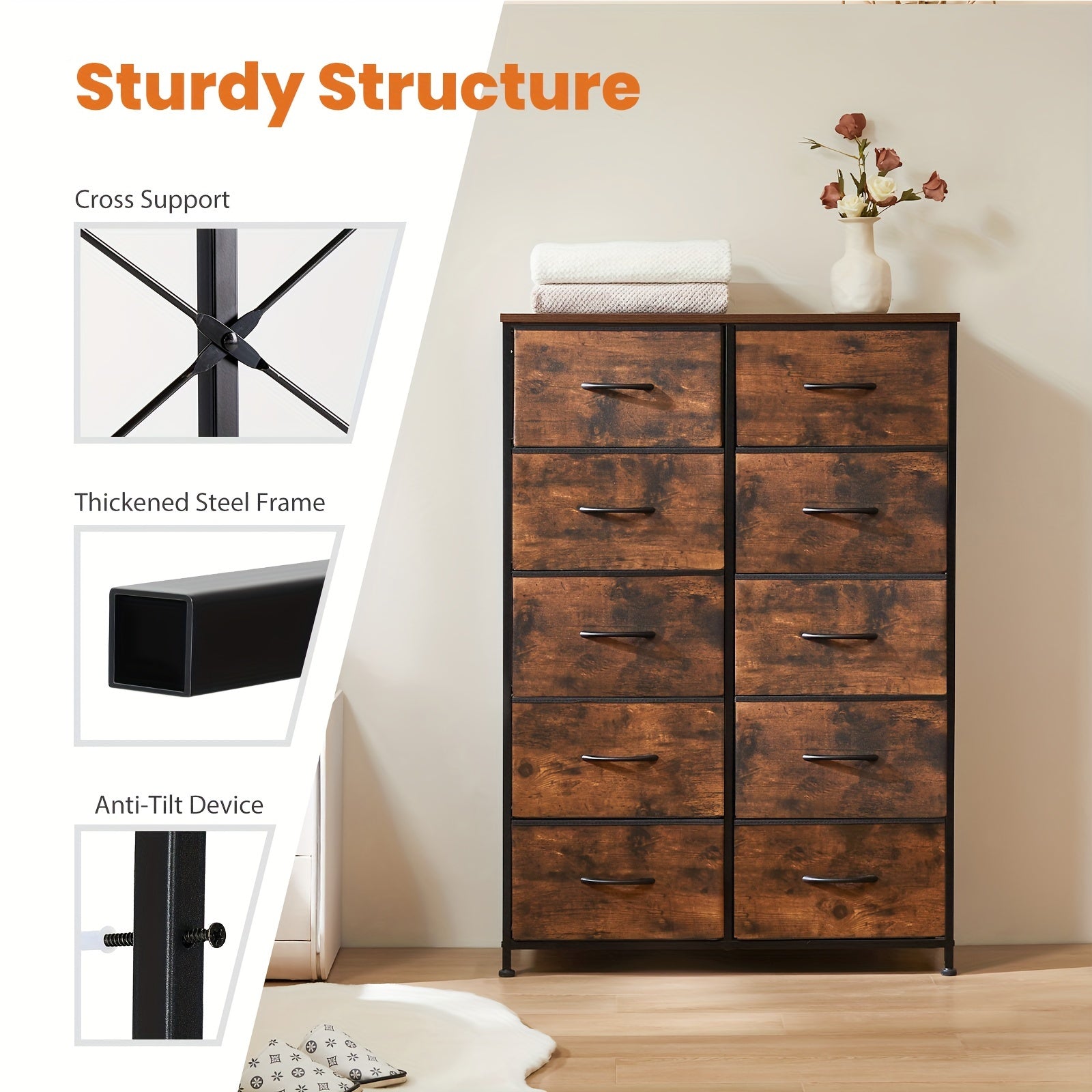 Dresser For Bedroom 10 Drawers Storage Chest Of Drawers With Fabric Bins Tall Dresser With Sturdy Steel Frame Clothes
