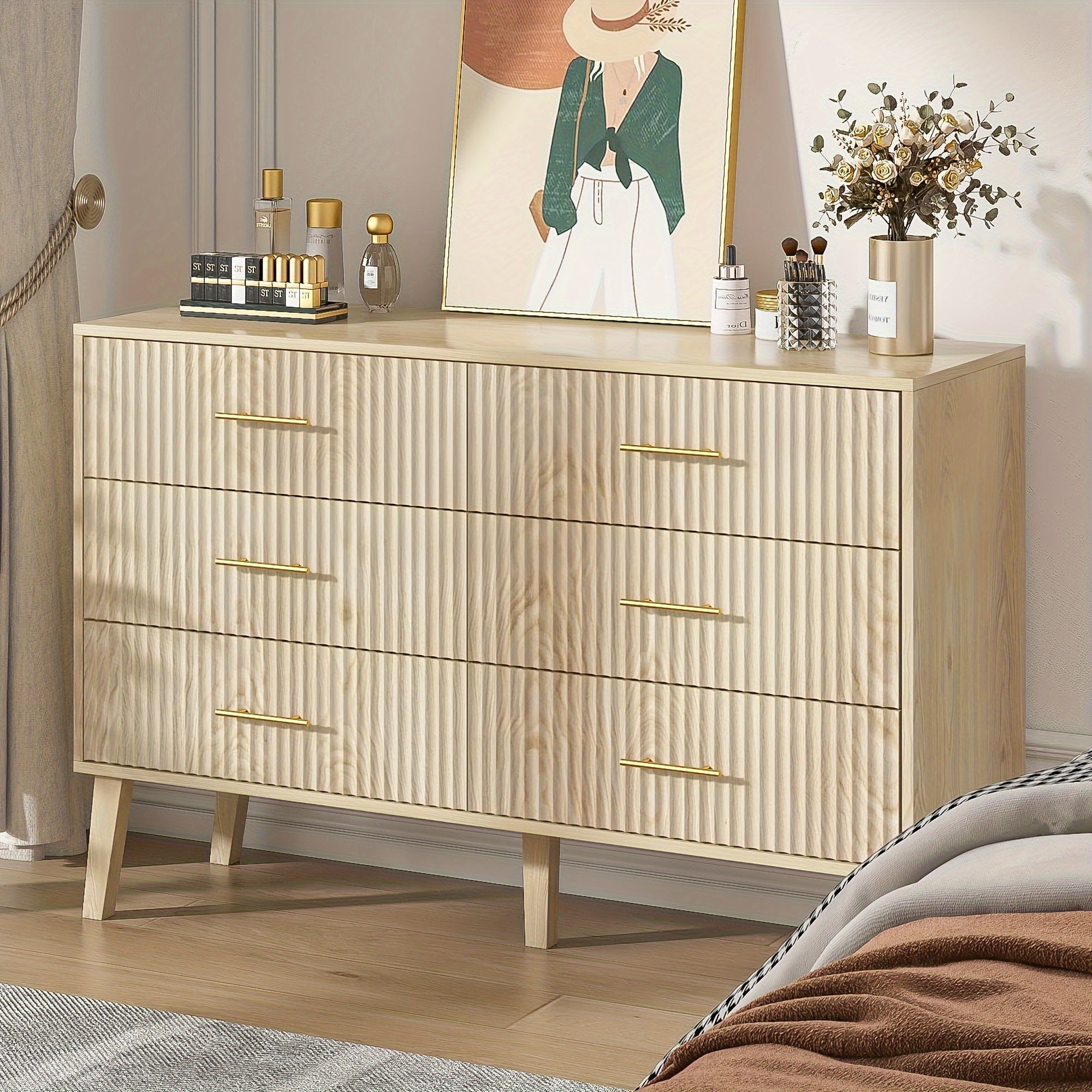 6 Drawer Accent Dresser, Modern Closet Dressers Chest Of Drawers With Fluted Panel, Suitable For Living Room, Bedroom, Nursery, Entryway And Hallway