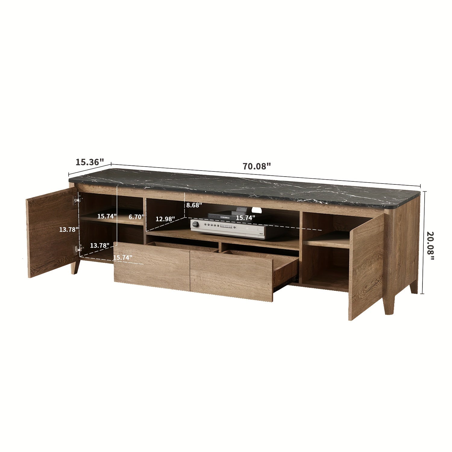 Modern Mid-Century TV Stand with Marble Top - 70x15x20" Wooden Entertainment Center with 2 Drawers & Cabinets for Living Room, Office, Bedroom - Sturdy, Spacious & Stylish Media Console Furniture