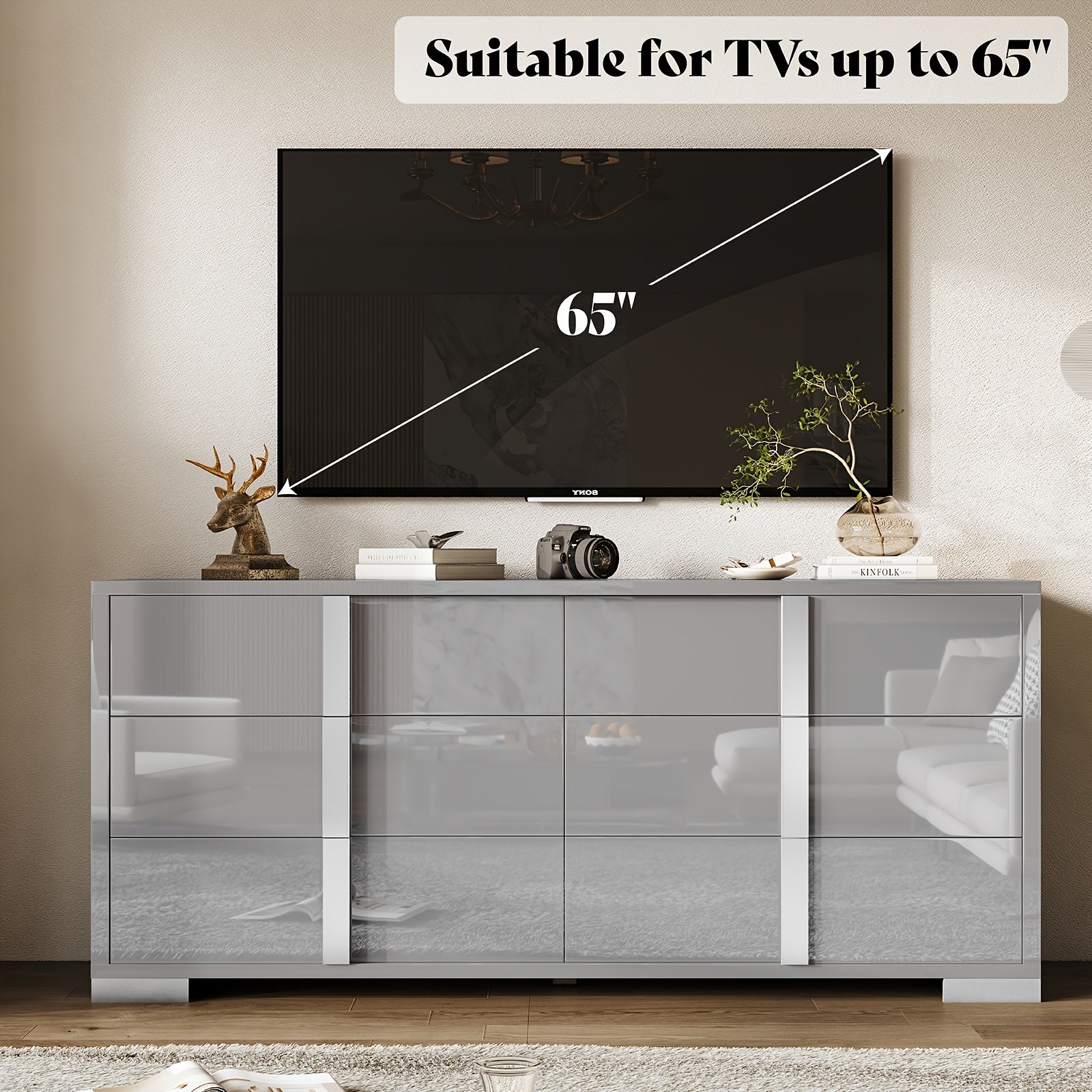 1pc Modern 54" W Dresser, 6-Drawer Glossy Hardwood & MDF Sideboard with Silver Accents, Freestanding Storage Organizer for Bedroom, Living Room