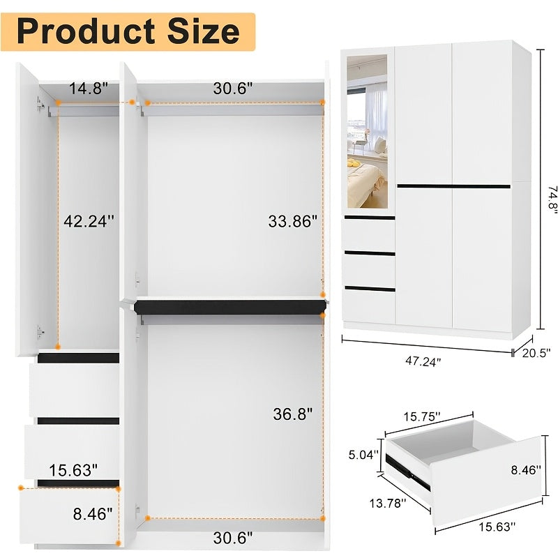 White 3-Door Armoire Wardrobe Closet with Mirror - Modern Minimalist Design, Lockable, Freestanding with 3 Drawers & Hanging Rods, Pine Wood Construction for Bedroom Elegance (20.5" D x 47.24" W x 74.8" H), Bedroom De