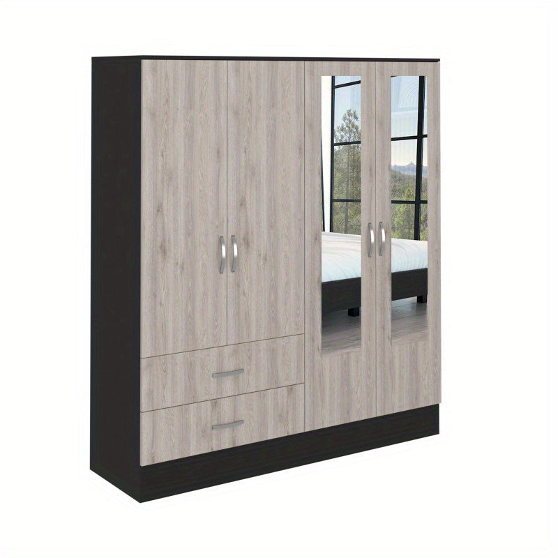 Armoire Six Shelves Two Double Door Cabinets Two Mirrors Two Drawers Rod Black/ Light Gray